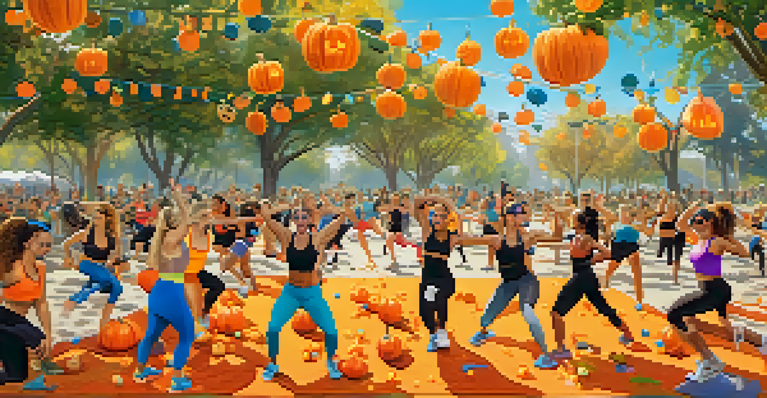 Participants in costumes enjoying a Halloween-themed fitness event in a park, surrounded by festive decorations and pumpkins.