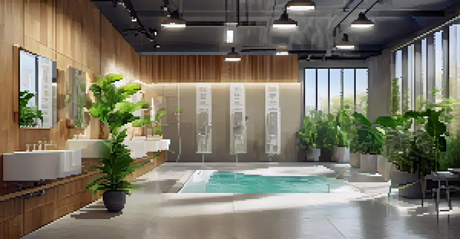 The interior of a modern gym featuring water-efficient showerheads and faucets, with plants and natural light.