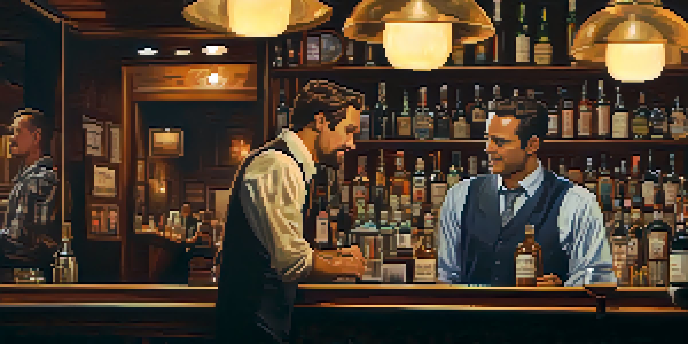 A dimly lit bar scene in Los Angeles with a bartender serving patrons and vintage photographs on the walls.