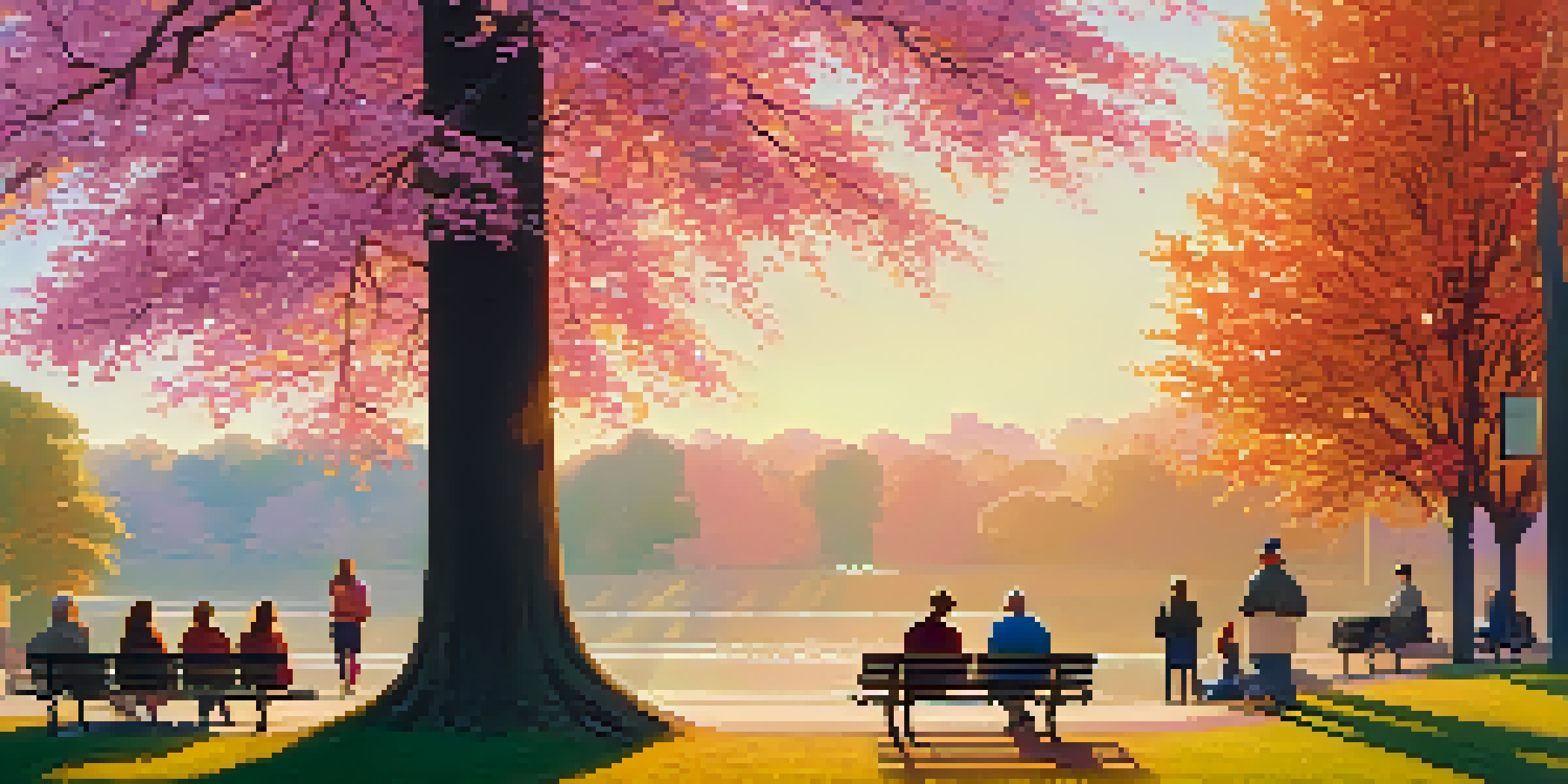 A peaceful park scene at sunset, featuring people of different backgrounds sitting and talking on benches surrounded by flowers and trees.