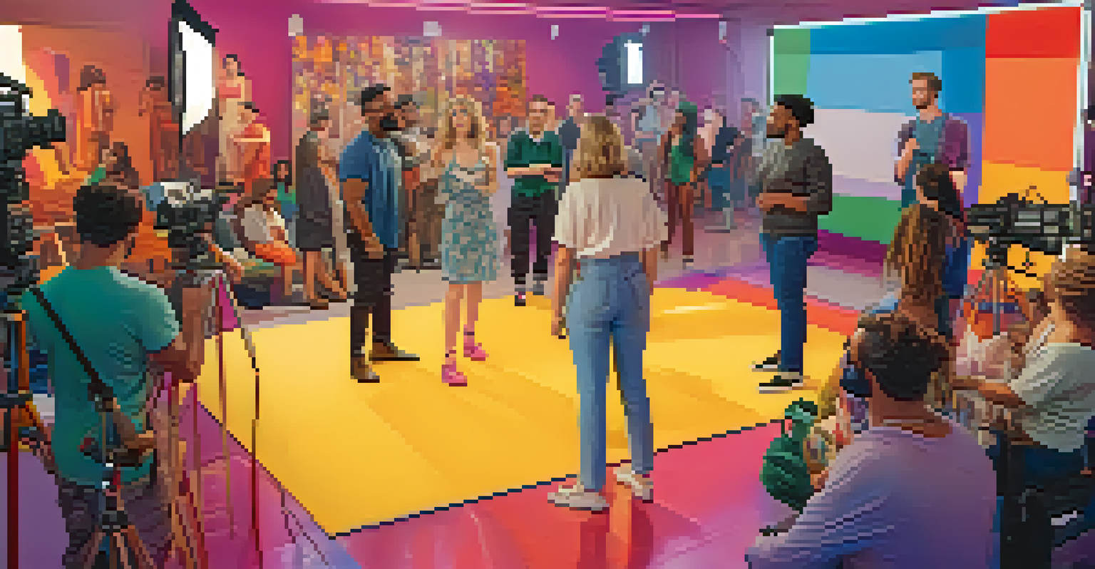 A film set with a diverse cast and crew working on an LGBTQ+ themed movie, showcasing collaboration and creativity in a vibrant studio environment.
