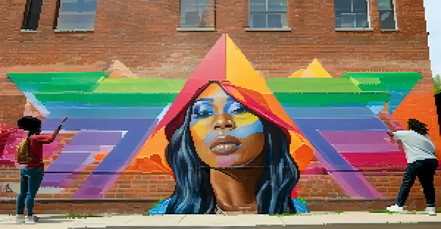 An artist painting a mural on a brick wall, depicting social justice themes, with community members observing and engaging in the process.
