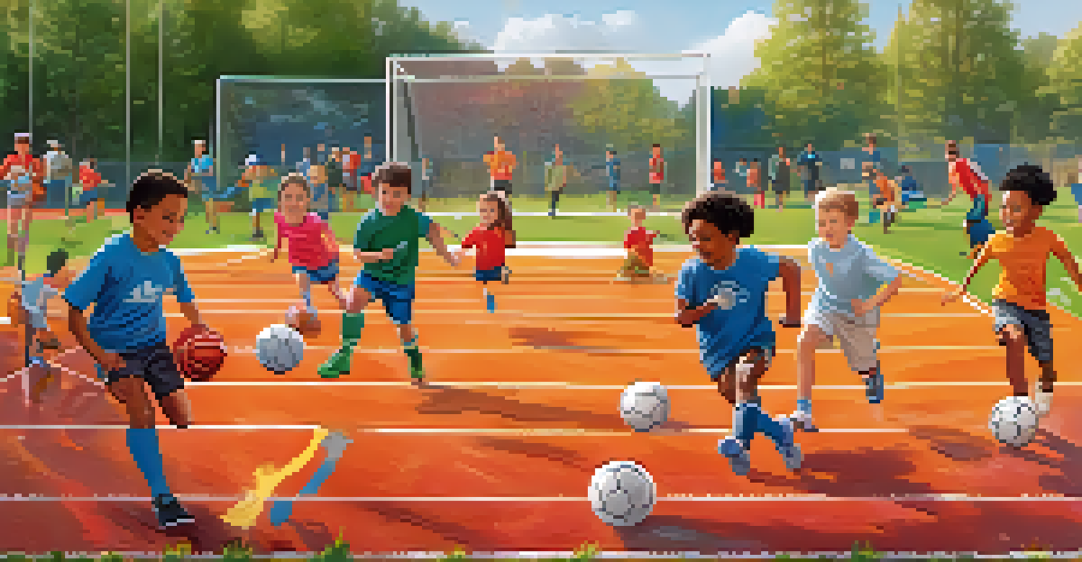 Children with various abilities participating in a multi-sport day with colorful banners promoting inclusivity.