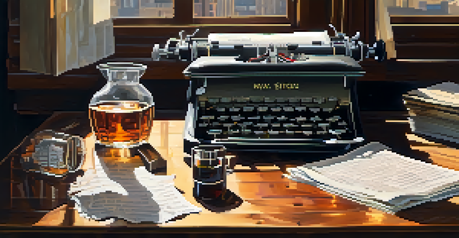 An aged typewriter on a cluttered desk with crumpled papers and a glass of whiskey, illuminated by sunlight.