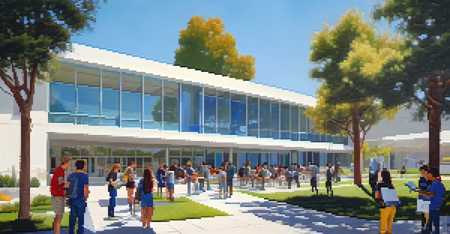 Students at a community college in Los Angeles engaged in hands-on learning in an outdoor setting with modern buildings and trees.