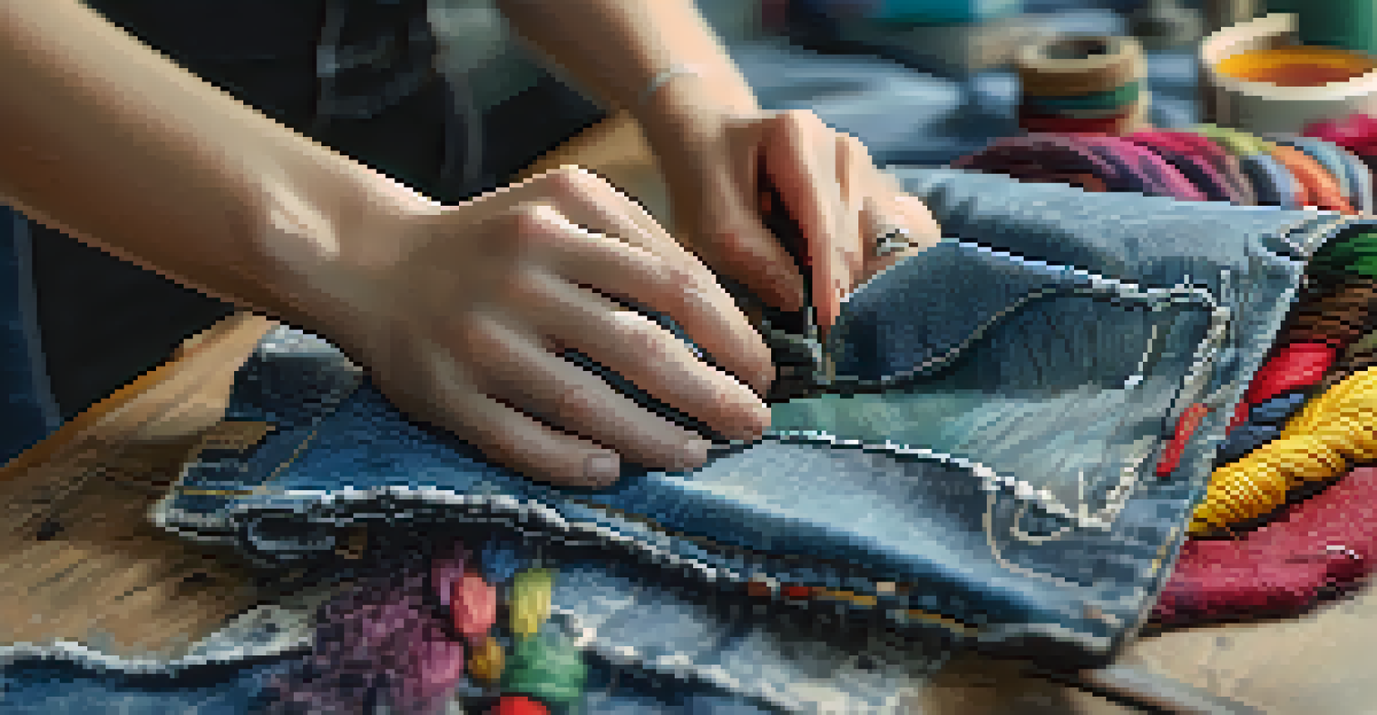 A close-up of hands sewing a bag from upcycled denim, showcasing the textures and vibrant threads in a well-lit workspace.