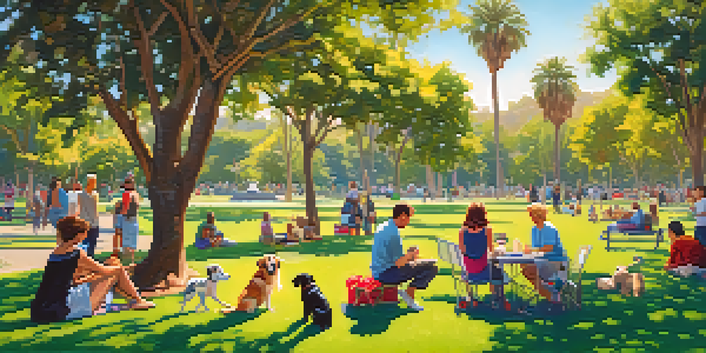 A lively pet-friendly park in Los Angeles where diverse dog owners interact with their pets, surrounded by green grass, colorful flowers, and palm trees.