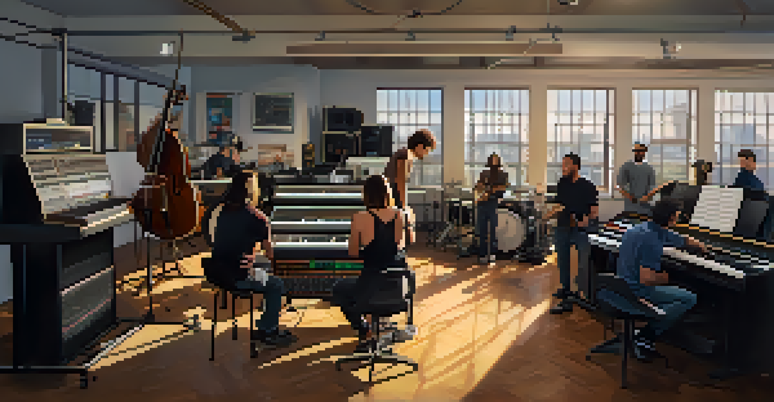 A collaborative music production session in a modern Los Angeles studio, showcasing diverse musicians and advanced equipment in a bright setting.