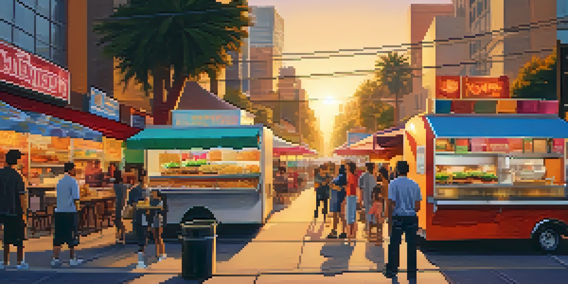 A busy street food scene in Los Angeles with colorful food trucks and people enjoying diverse cuisines.