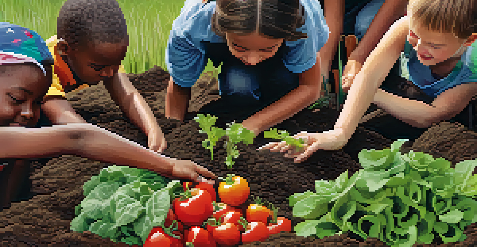 Hands planting vegetables in a community garden, with children and adults working together.