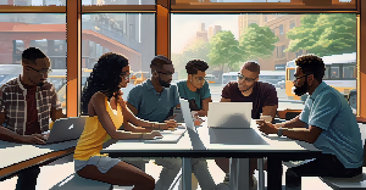 A diverse group of people discussing public transportation feedback in a modern café, with a view of transit vehicles outside.