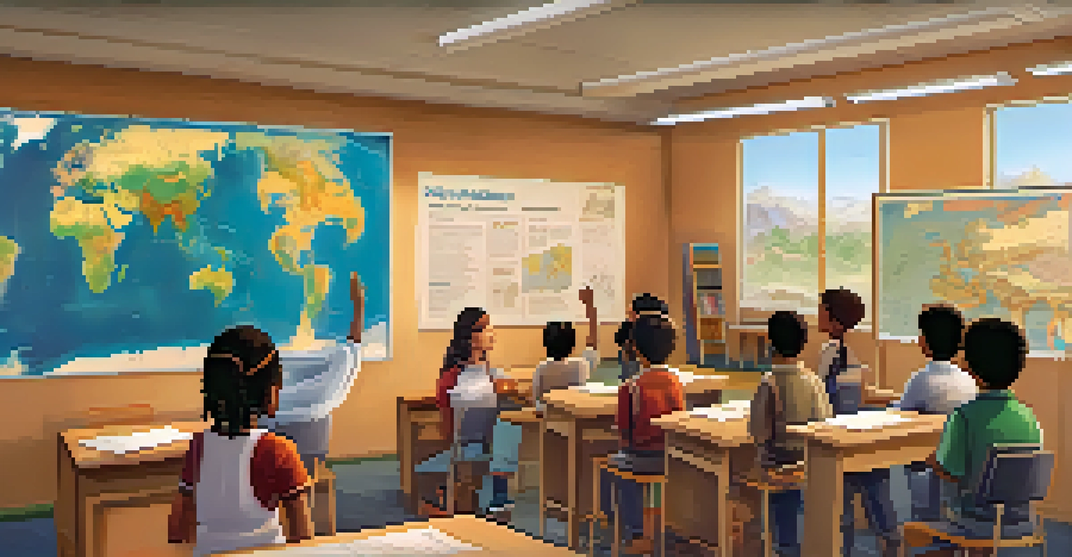 A classroom with a diverse group of students engaging in a lesson about world cultures, surrounded by maps and cultural artifacts.