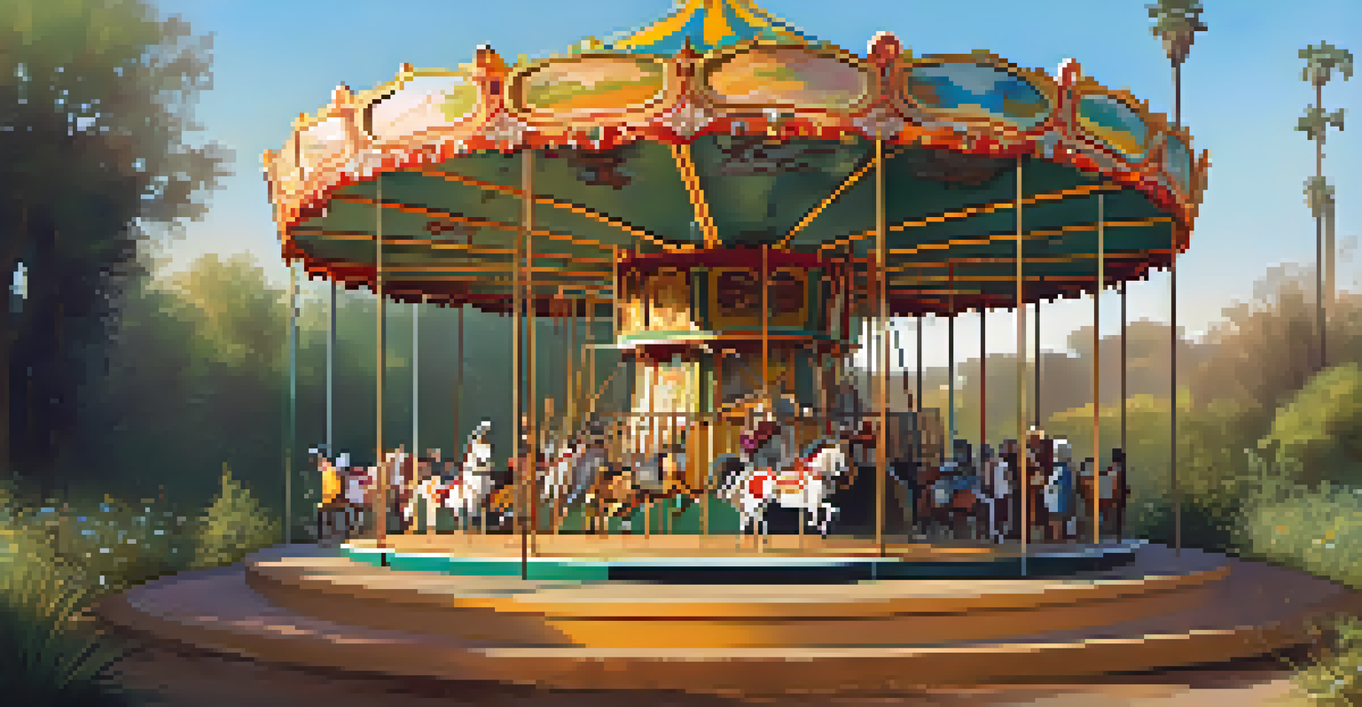 A wide-angle view of the Griffith Park Merry-Go-Round surrounded by overgrown weeds and dilapidated structures.