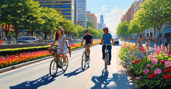 A lively urban street with people riding bicycles and walking, surrounded by greenery and colorful flowers, under a sunny blue sky.