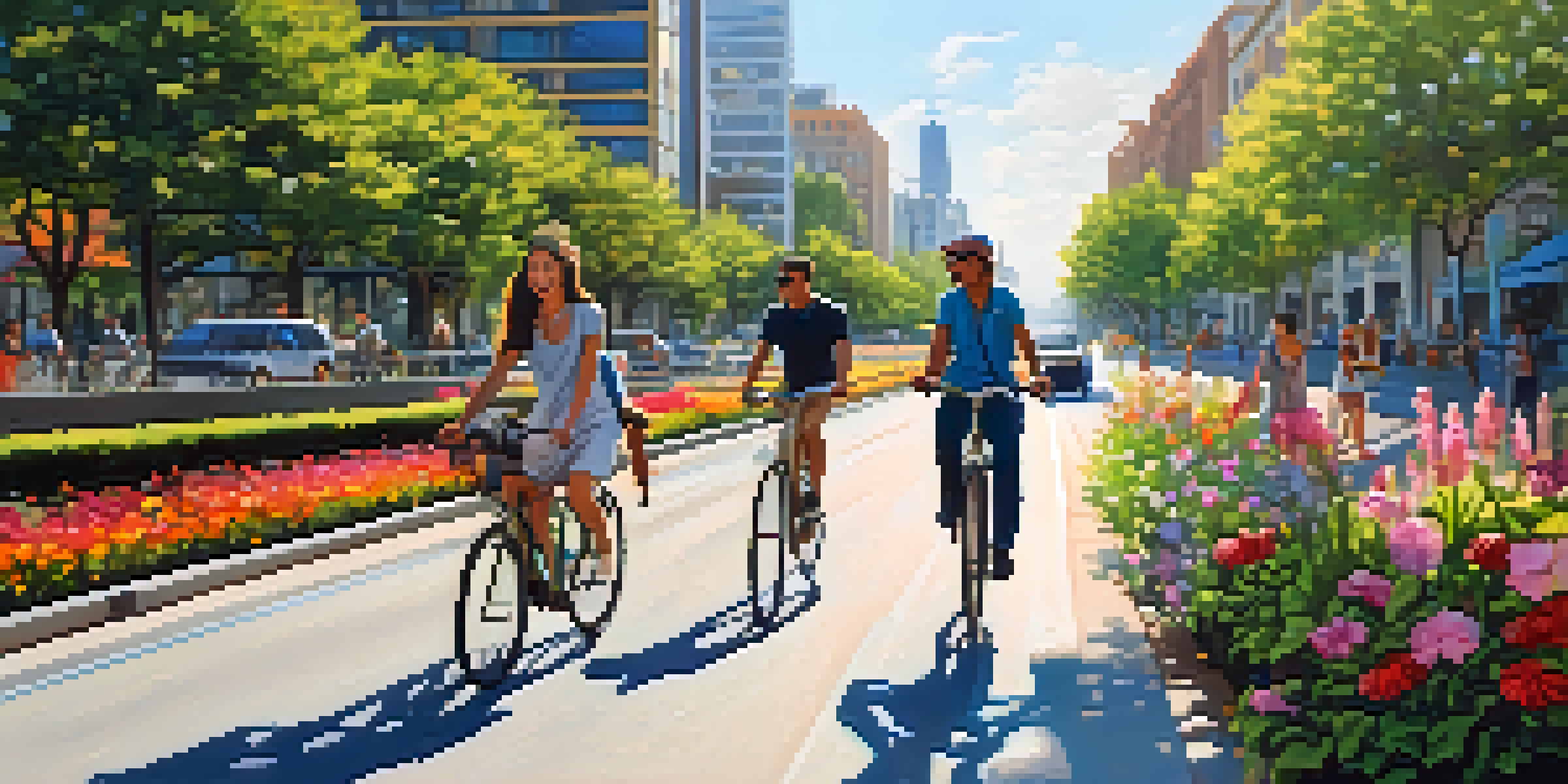 A lively urban street with people riding bicycles and walking, surrounded by greenery and colorful flowers, under a sunny blue sky.