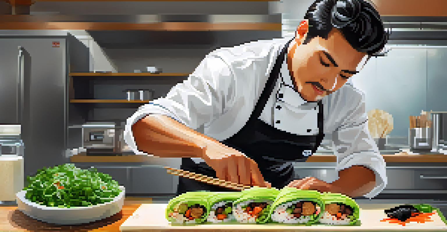 A chef preparing a taco sushi roll in a modern kitchen, surrounded by fresh ingredients and bright kitchen lights.