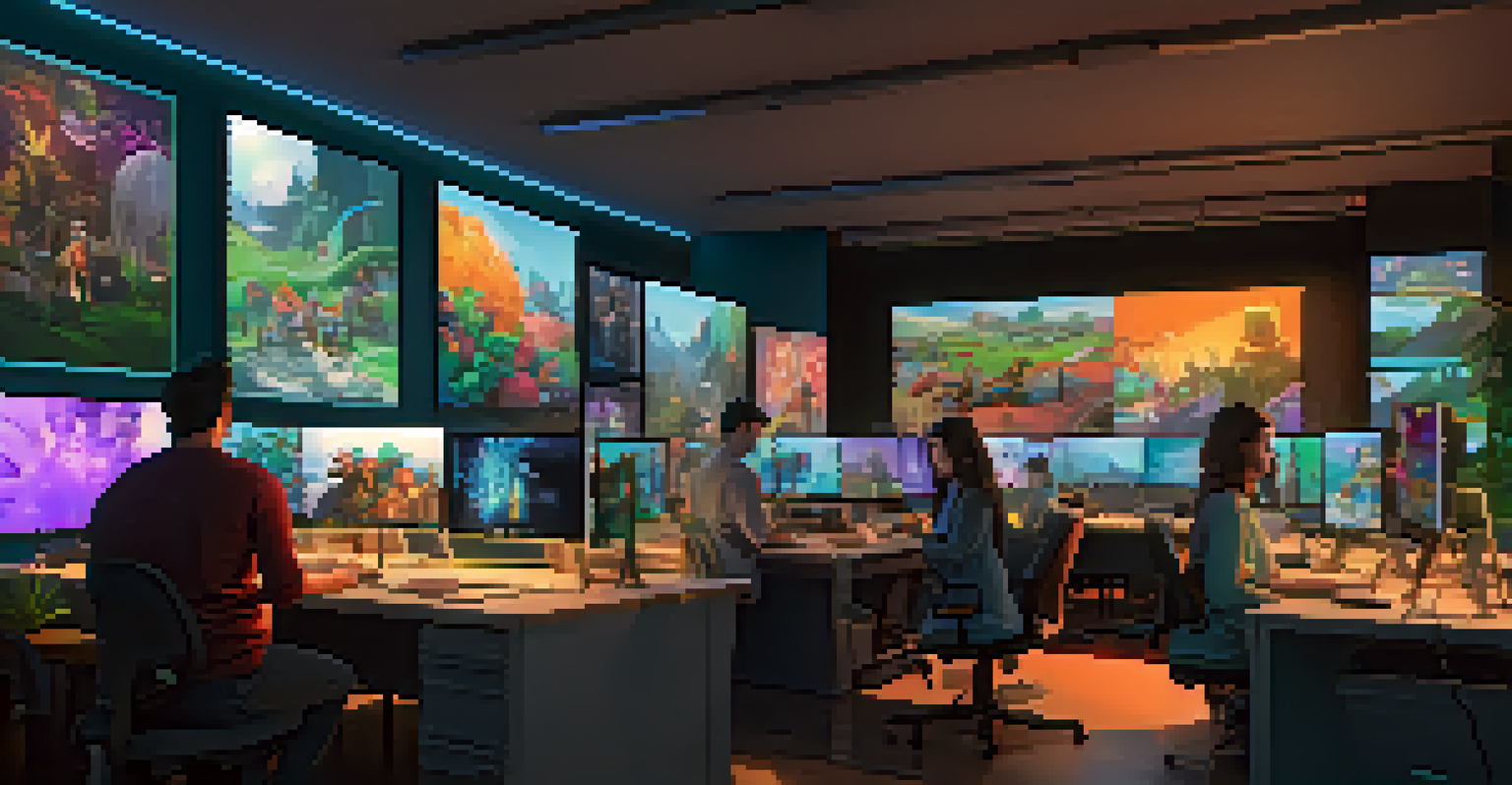 A modern animation studio with artists working on digital screens, surrounded by colorful LED lighting and animated characters.