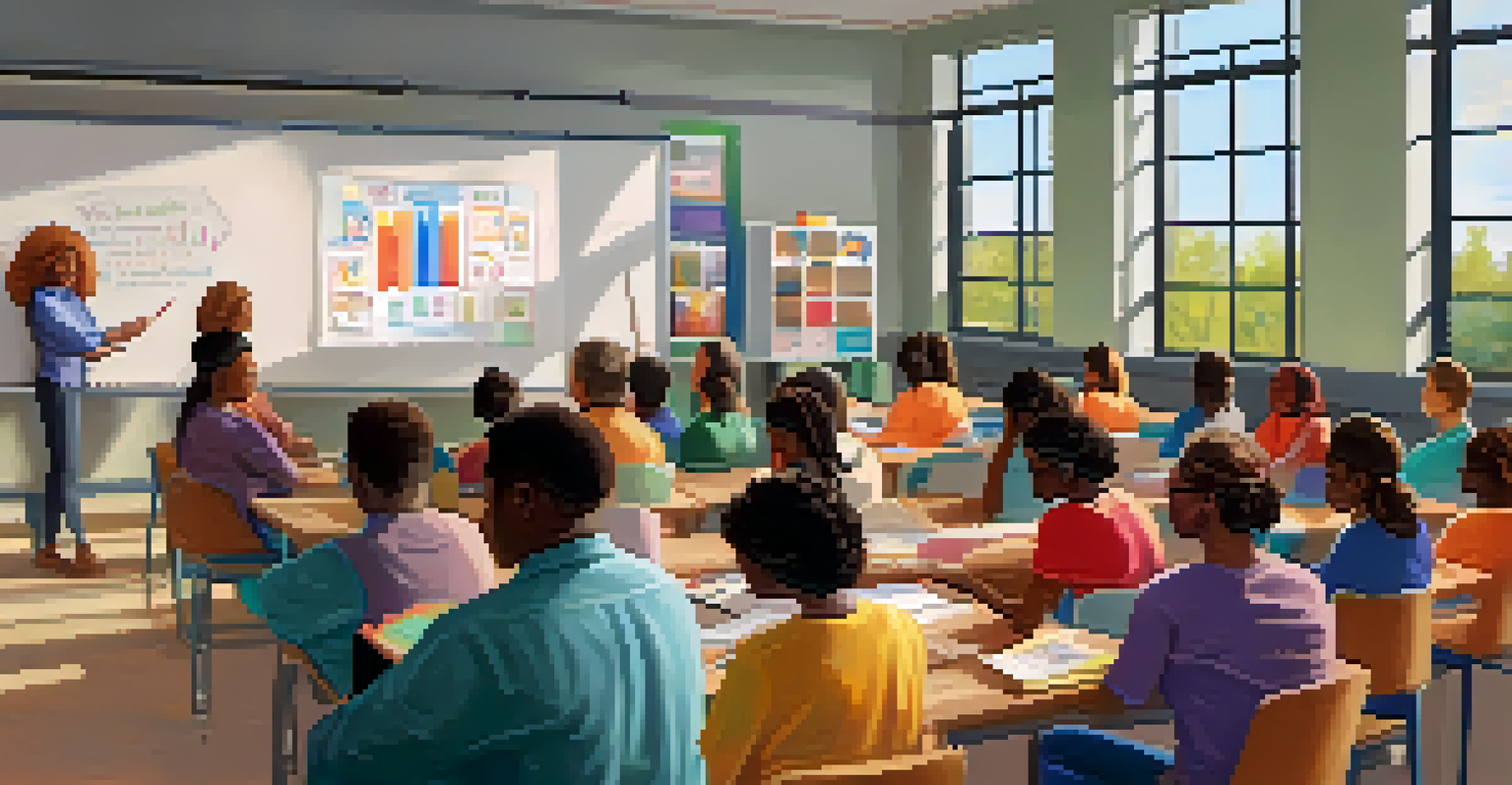 A classroom workshop on mental wellness, featuring an educator presenting to an attentive audience with colorful materials and natural lighting.