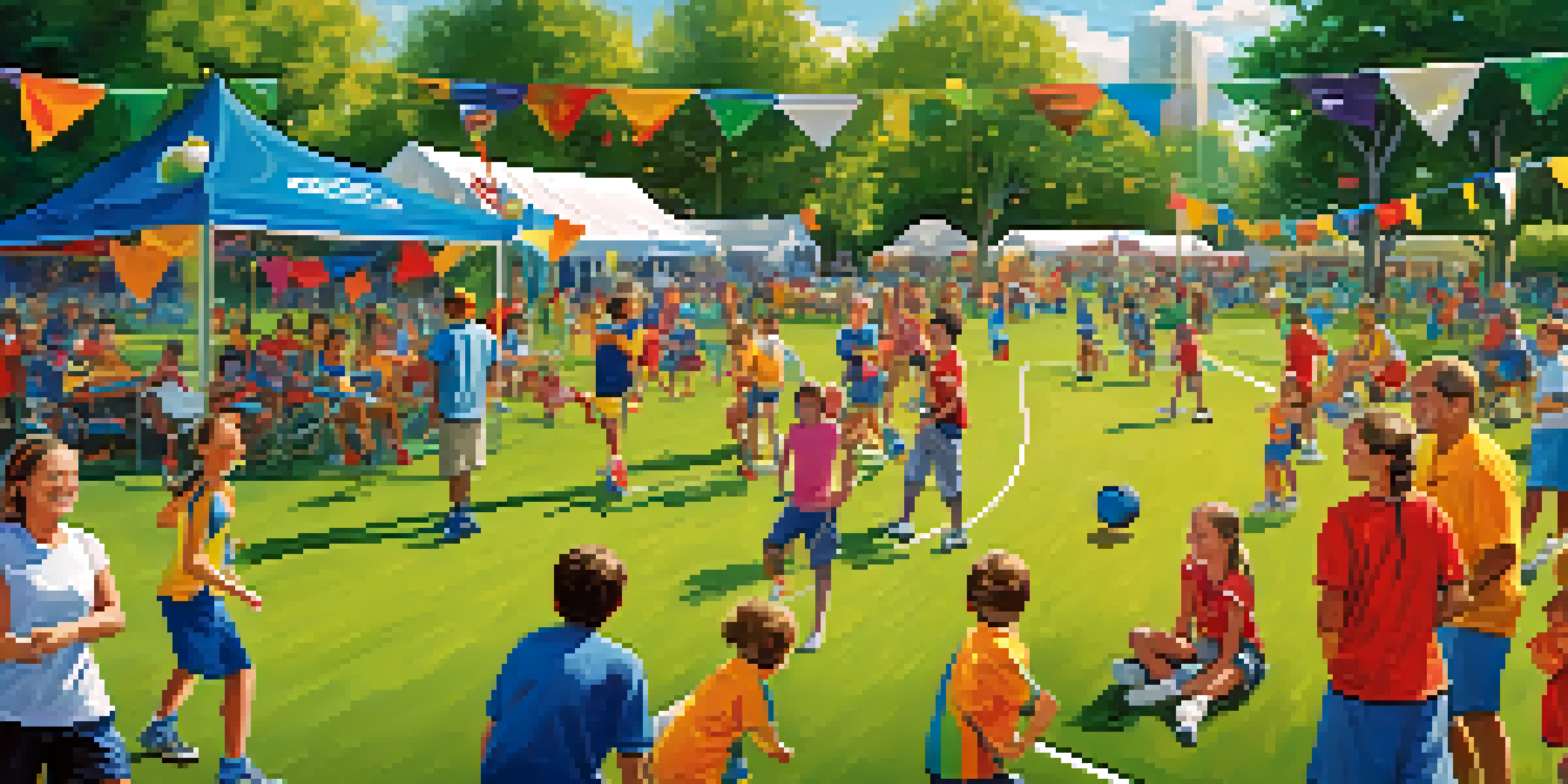 A lively community sports event in a park with families participating in various activities and colorful banners.