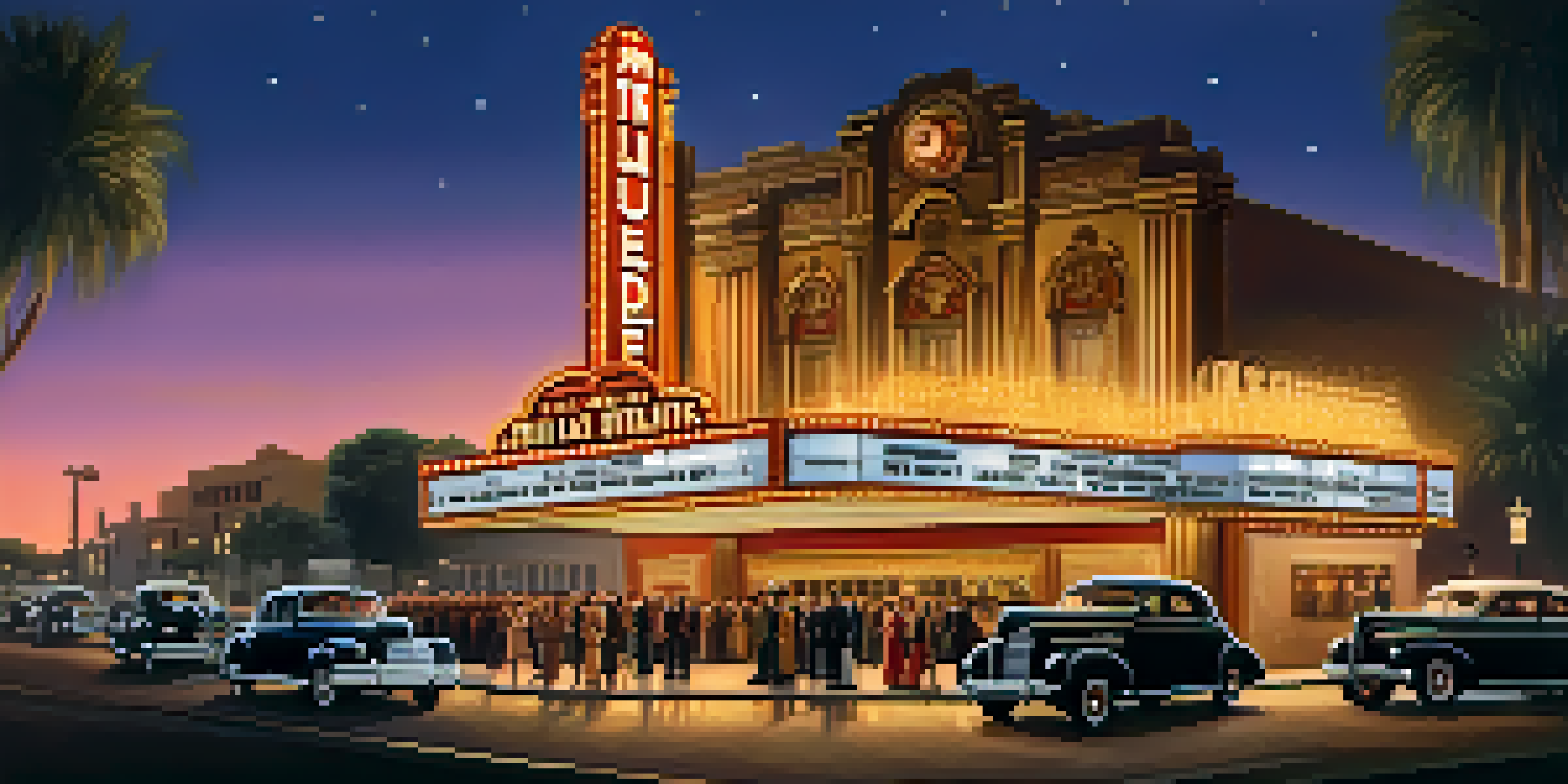 A vintage Hollywood movie theater from the 1940s with a glowing marquee and a crowd in period clothing.