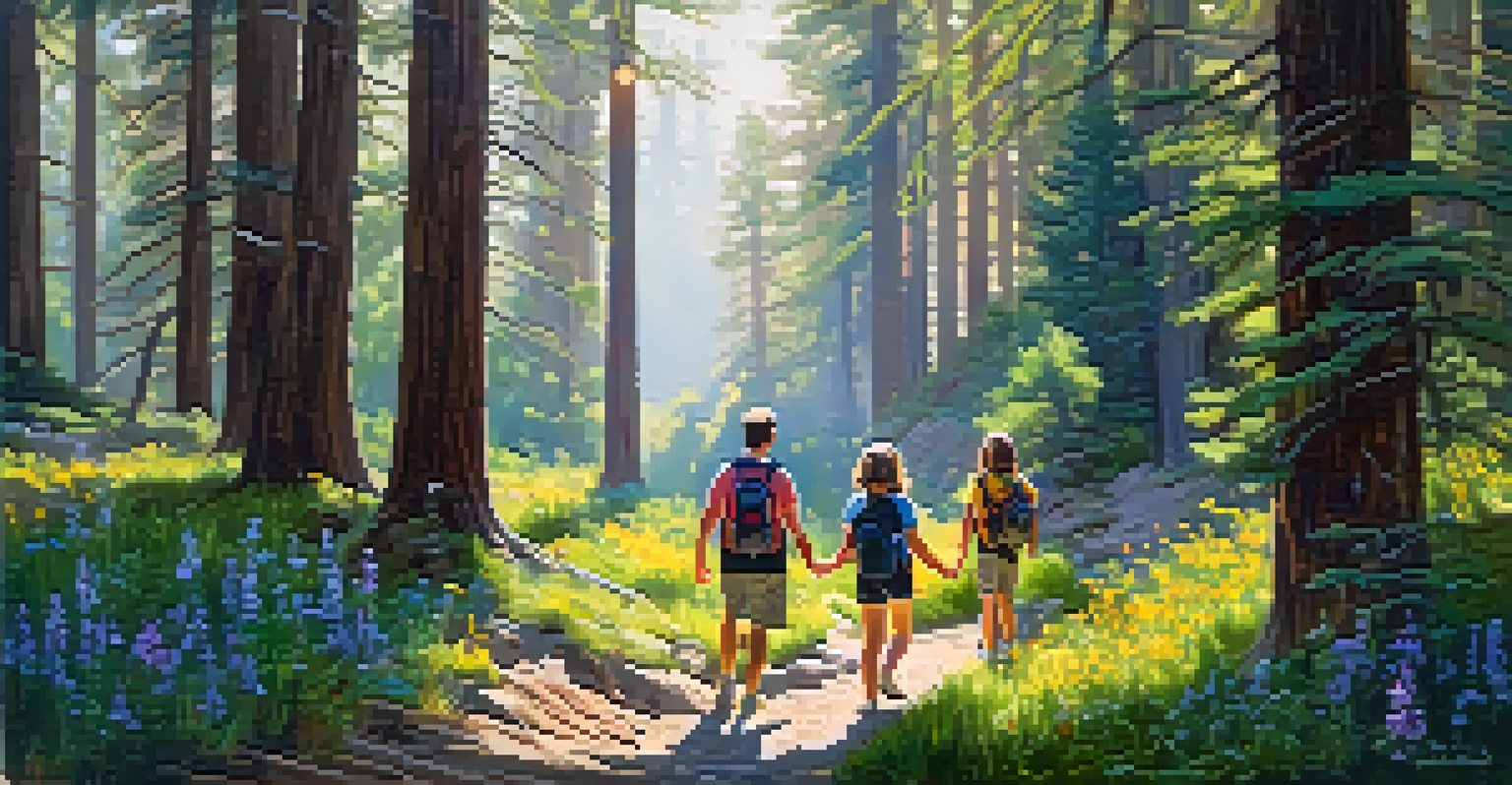 A family hiking in a lush forest, enjoying nature with wildflowers and sunlight filtering through the trees.