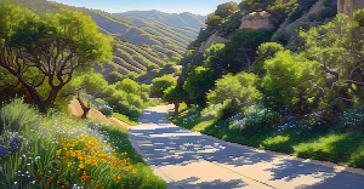 A serene view of Topanga Canyon with winding roads, lush greenery, and wildflowers, along with a couple having a picnic.