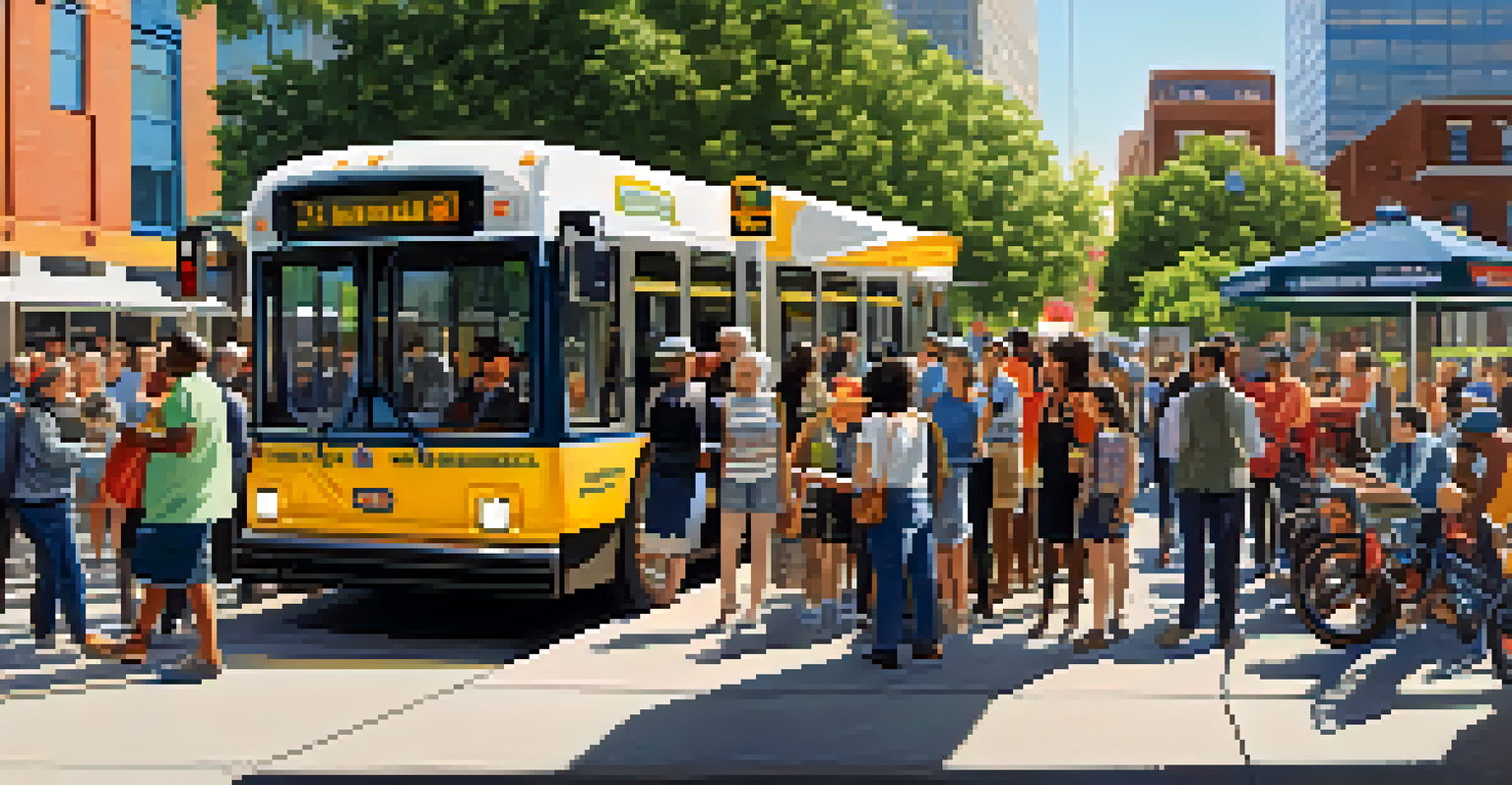 A community forum outdoors with transit authorities and engaged riders discussing public transportation.