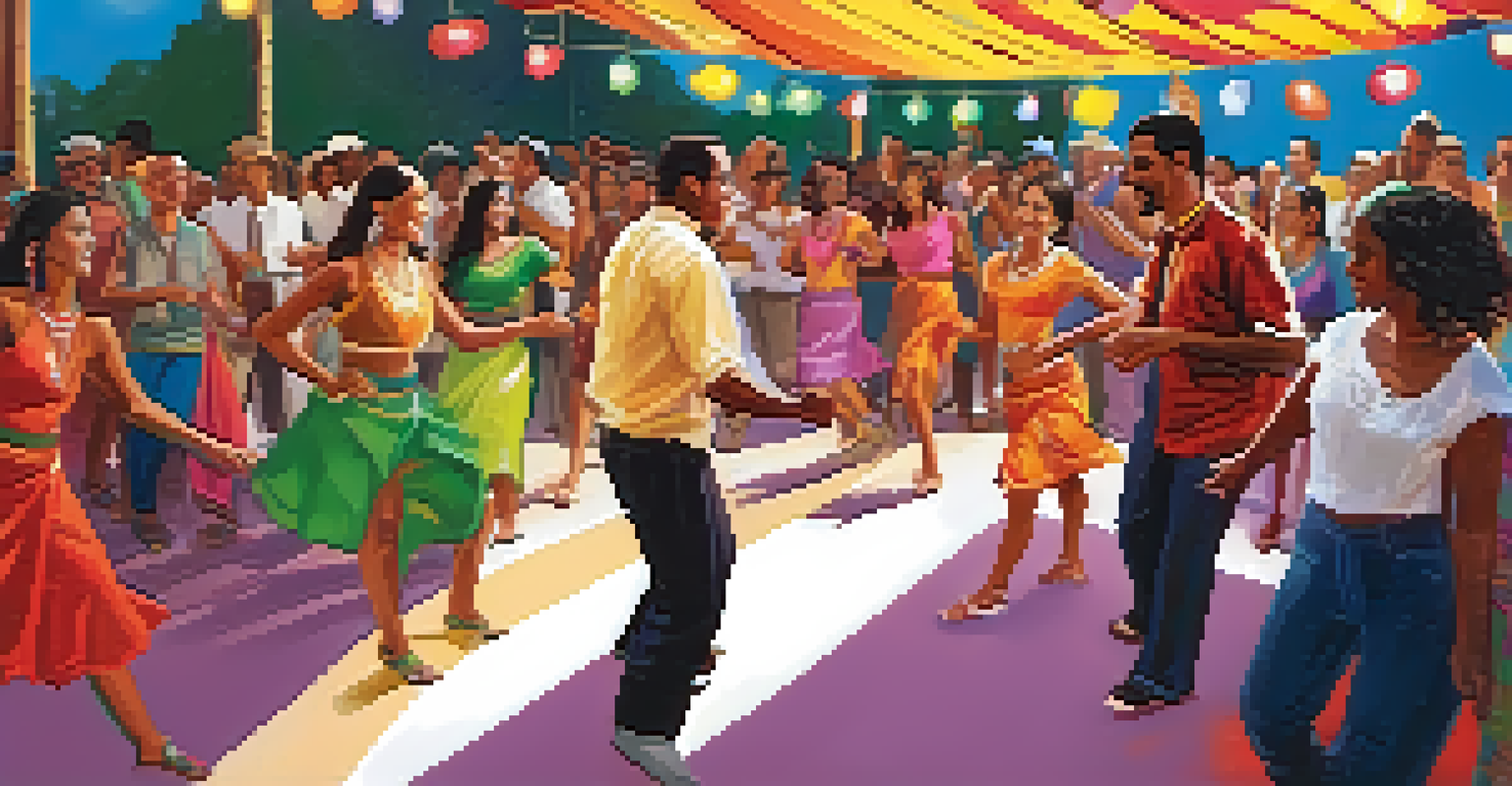 A workshop at a music festival where a diverse group of participants is learning salsa dancing from a traditional instructor.
