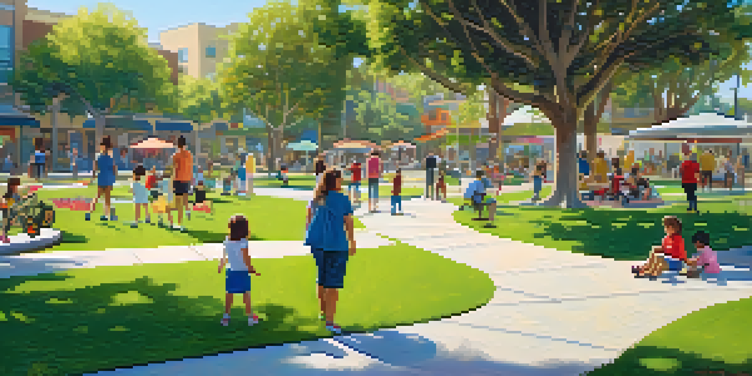A lively community park in Los Angeles filled with families, children playing, and colorful art installations under the bright sun.
