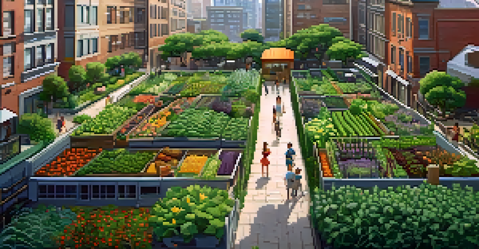 An aerial view of a flourishing urban garden with rows of vegetables and herbs, set against a city skyline.