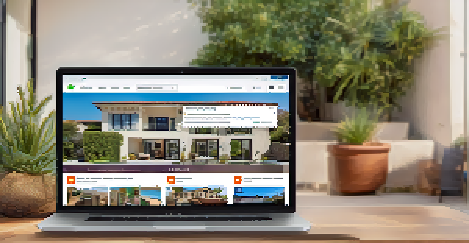 A laptop screen displaying an inviting short-term rental listing interface with high-quality photographs of properties.