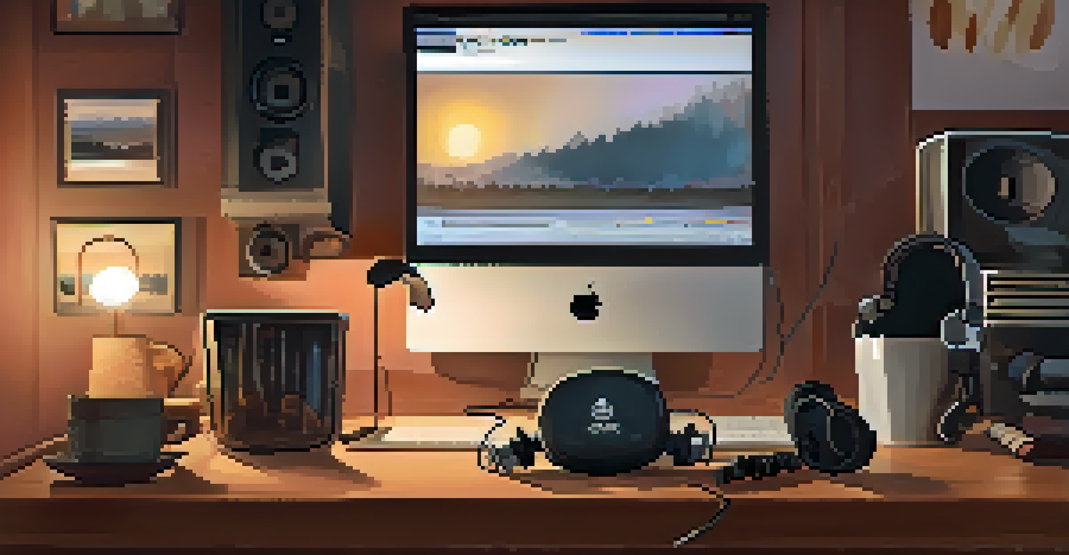 A cozy podcast recording studio with a microphone, headphones, and notes on the table, illuminated by warm lighting.