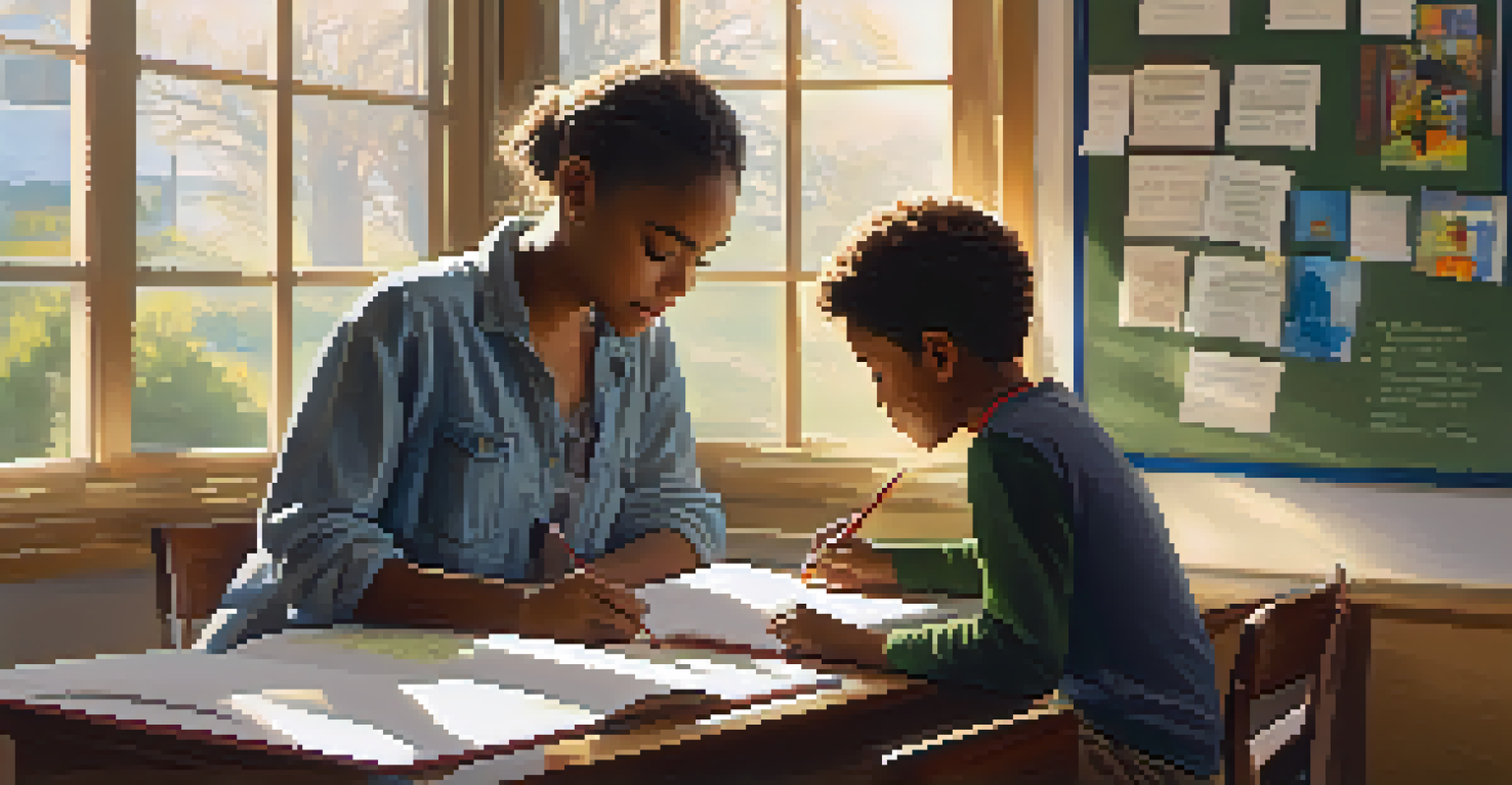 A young student and a mentor engaged in a creative writing session in a cozy classroom, surrounded by educational materials and sunlight.