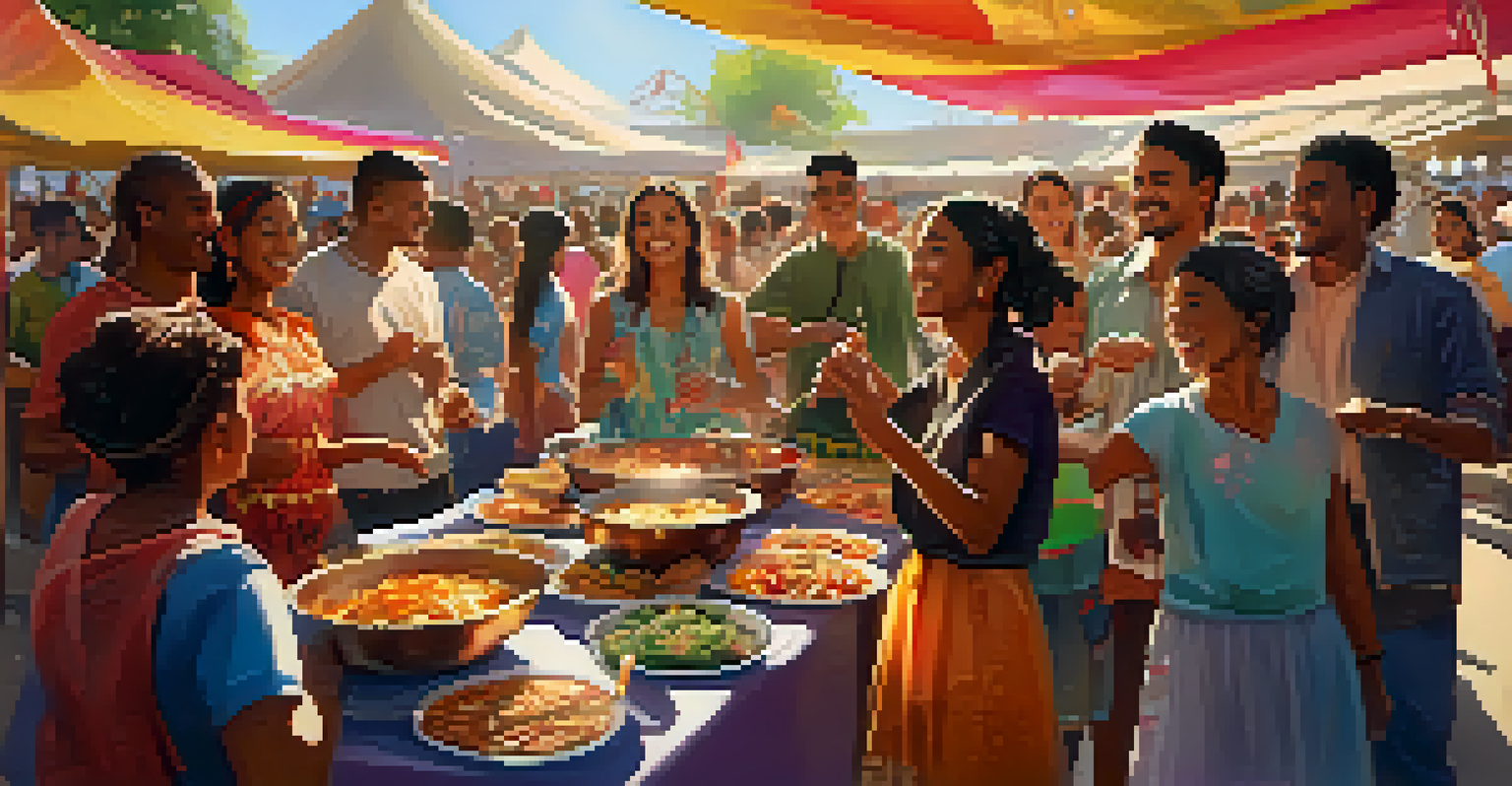 A vibrant multicultural festival scene showing people of various ethnicities sharing food and dancing under colorful decorations.