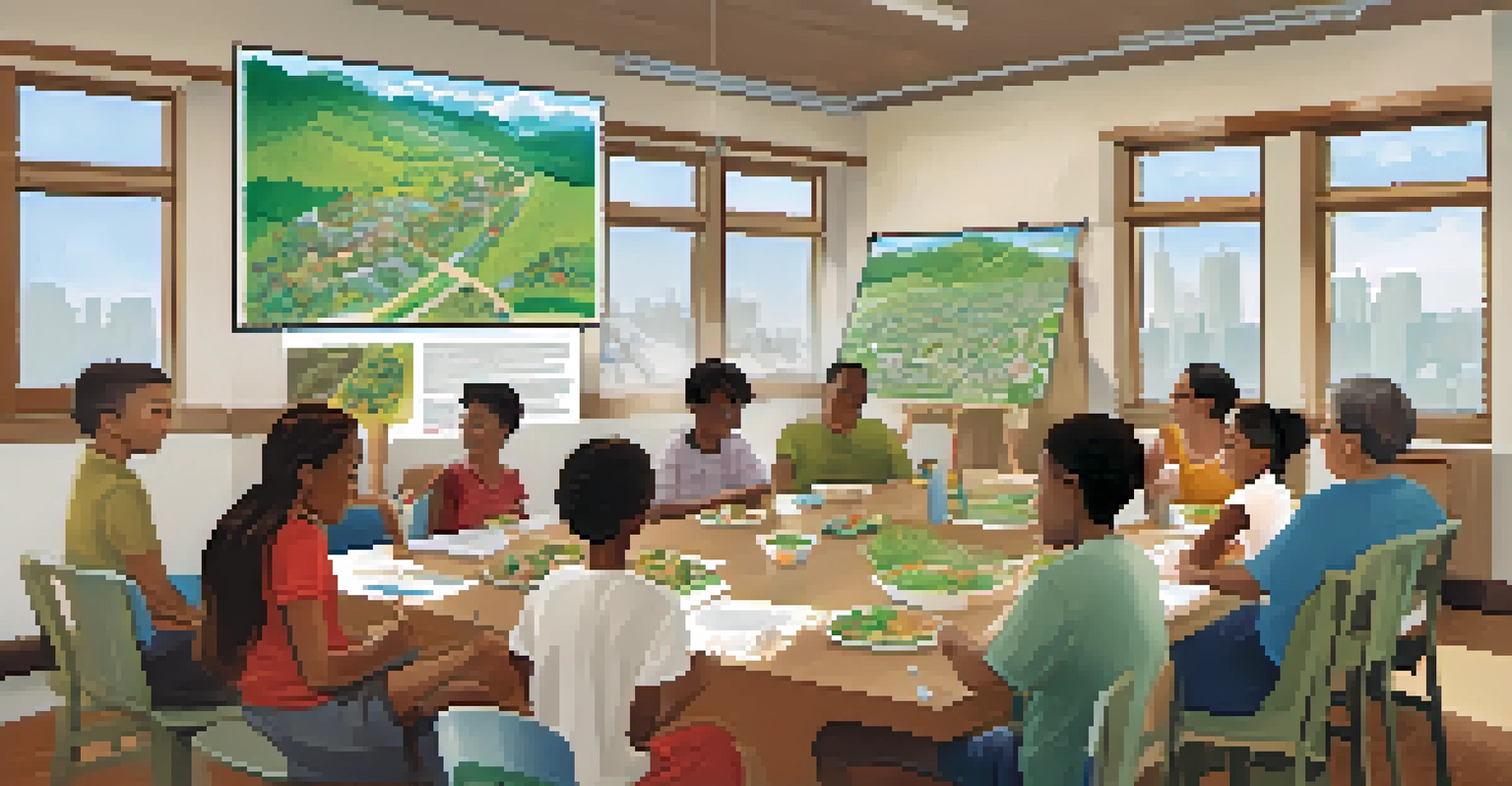 A community workshop with residents discussing air quality improvement, surrounded by posters and plants, showcasing engagement and collaboration.