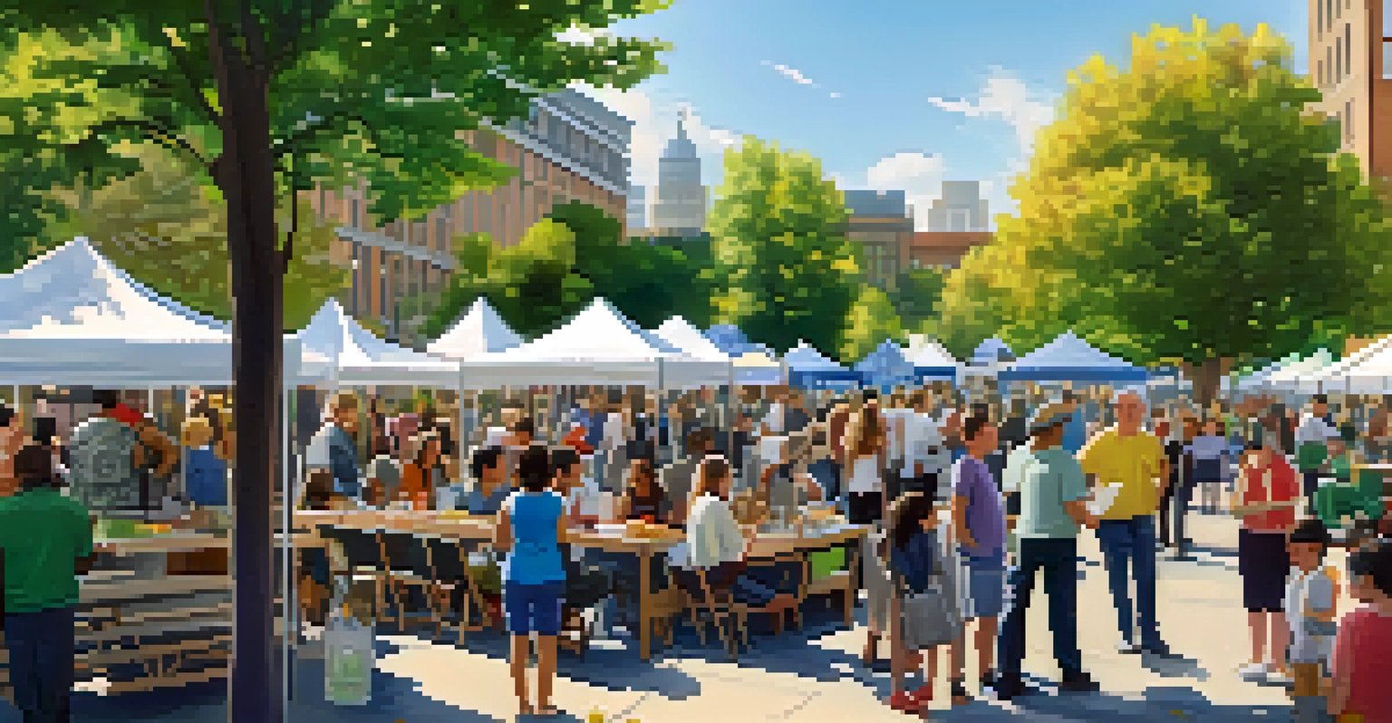 A lively community event with people discussing air quality and exploring informational booths, set in a park with trees and benches under gentle afternoon light.