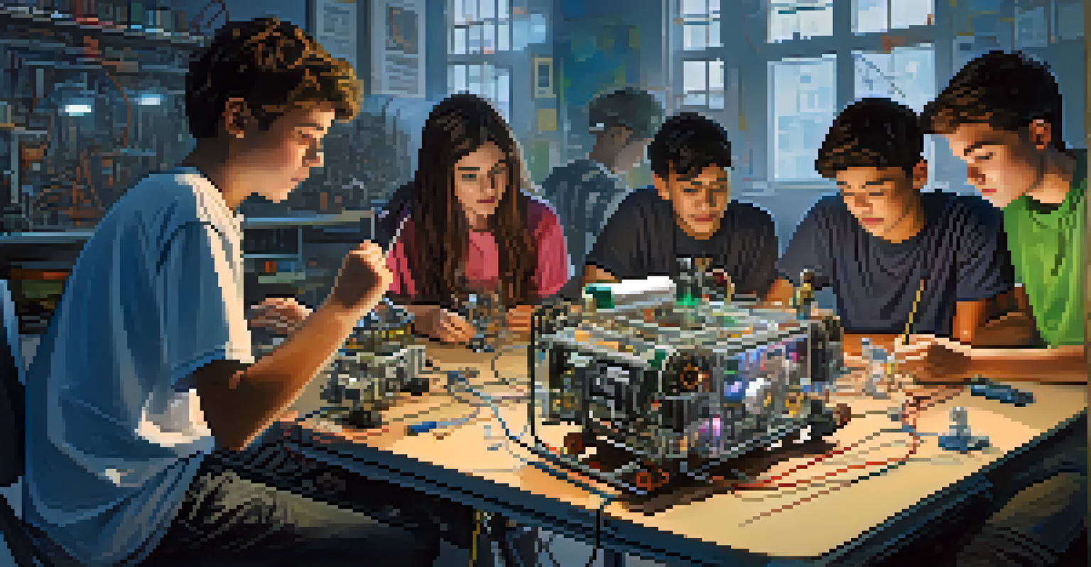 Teenagers collaborating in a workshop, assembling a robot with tools and mechanical parts, showcasing engagement in STEM education.