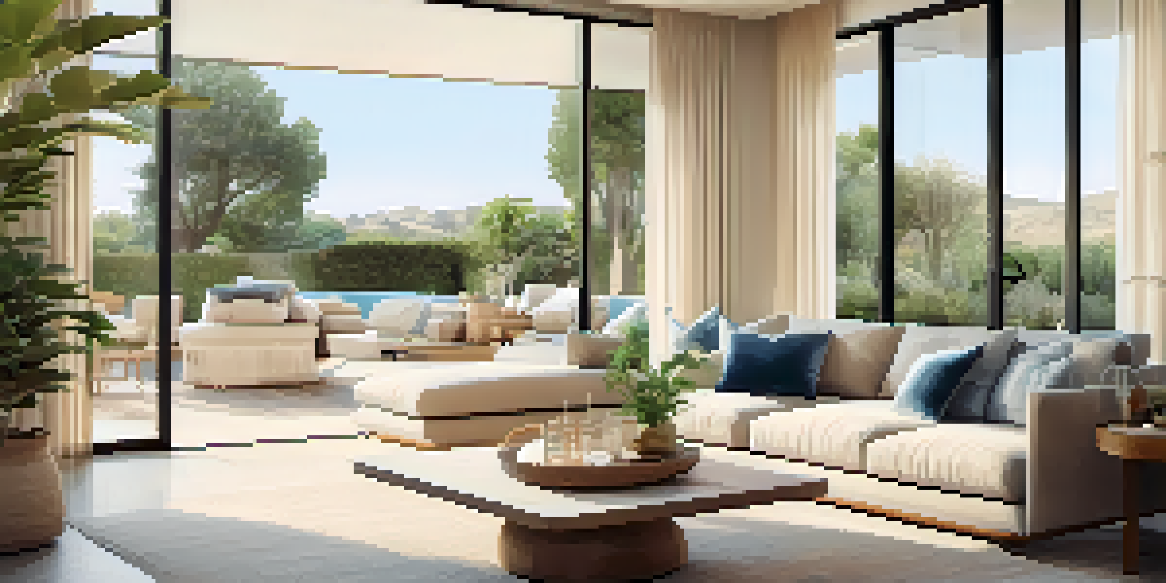A bright and airy living room with large glass doors leading to an outdoor patio, featuring soft beige and blue color schemes, minimalistic furniture, and indoor plants.