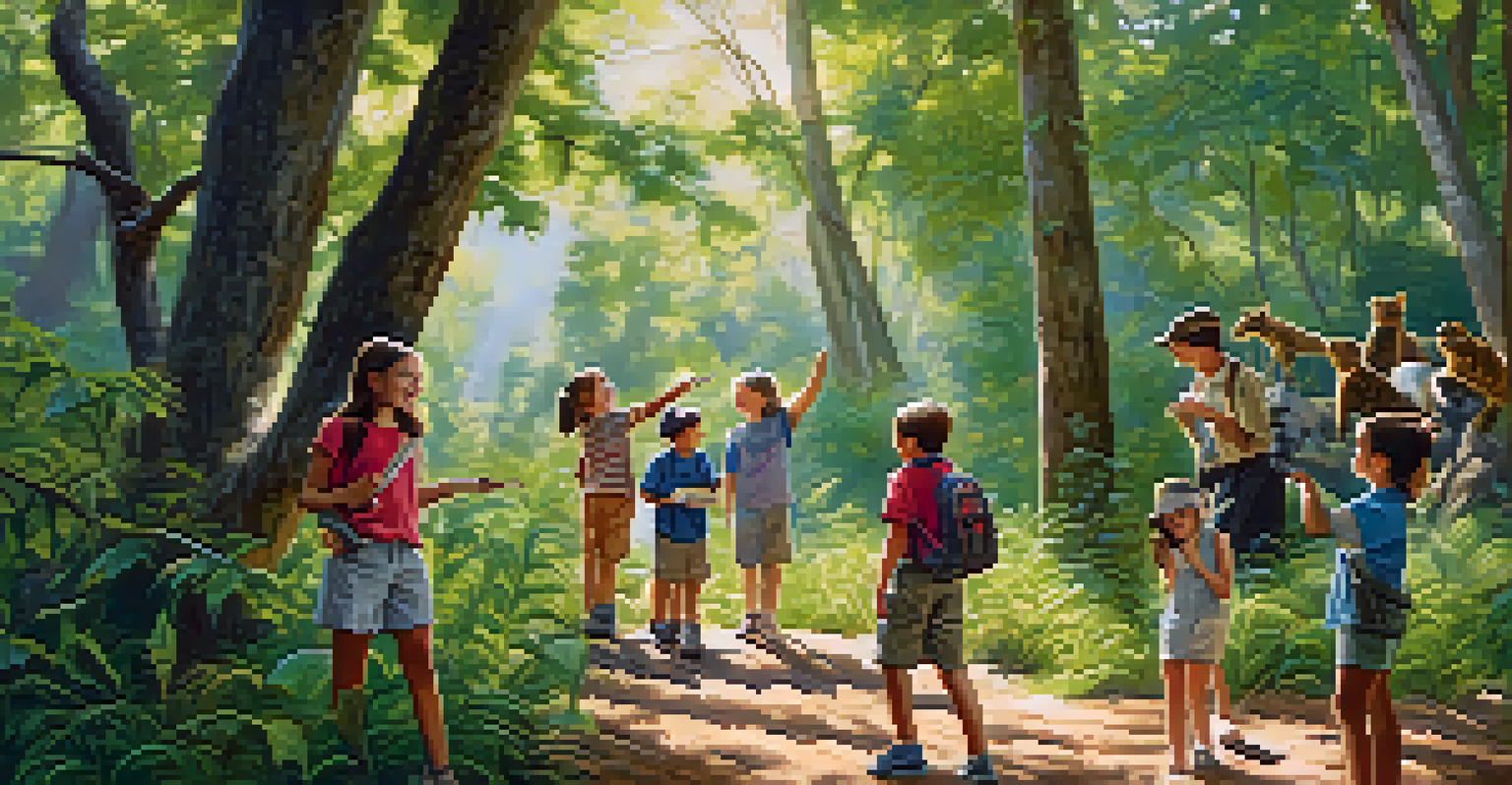 Children on an educational field trip in a wildlife sanctuary, observing local plants and animals with a guide, showcasing the role of education in conservation.