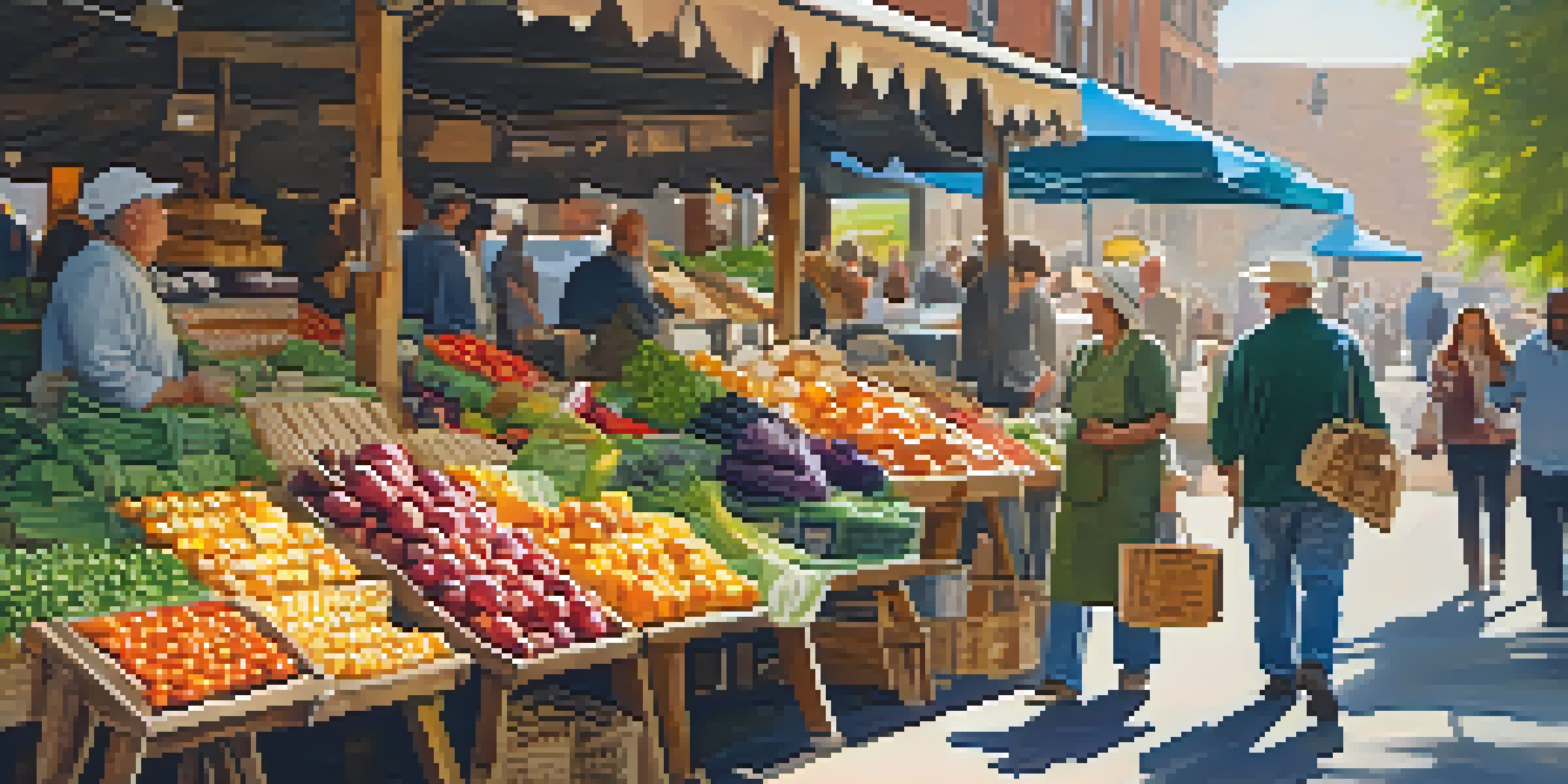 A lively farmer's market showcasing an array of colorful produce, bread, and cheese, with shoppers engaging with local vendors in warm morning light.