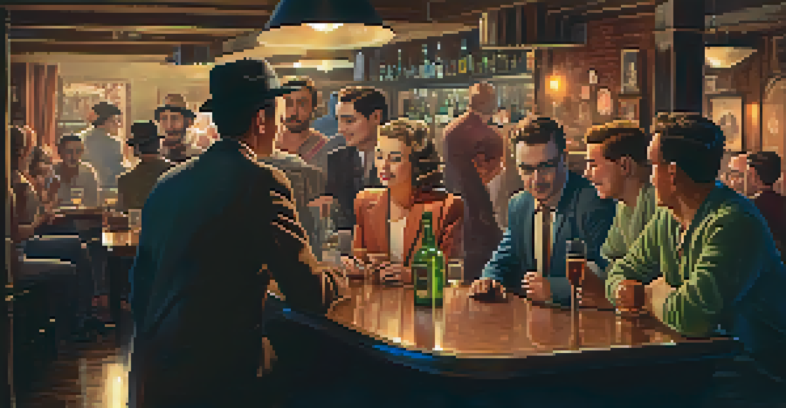 A historic underground bar scene from the 1950s, filled with people enjoying conversations in a warm, dimly lit environment, highlighting a sense of community.