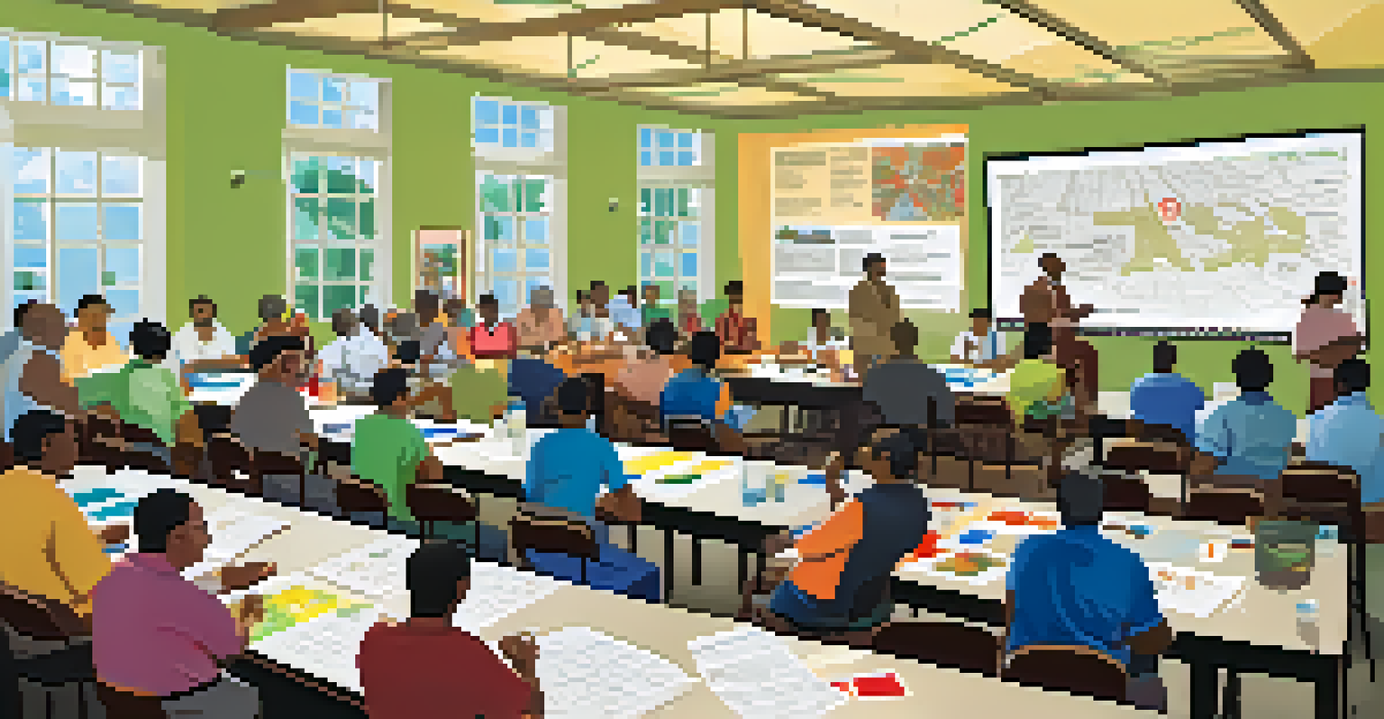 Residents gathered in a workshop discussing disaster preparedness, with maps and charts visible, in a warmly lit community hall.