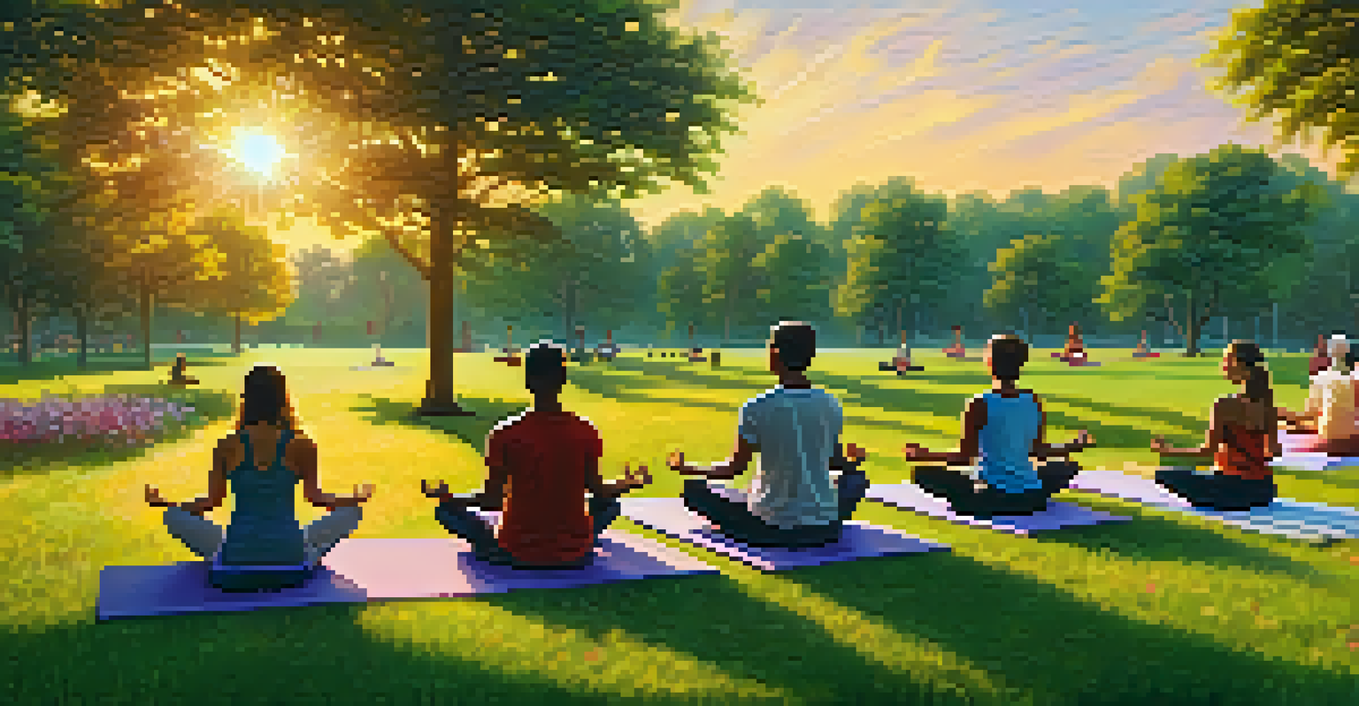 A group of people practicing yoga outdoors in a park during sunset, surrounded by trees and flowers.