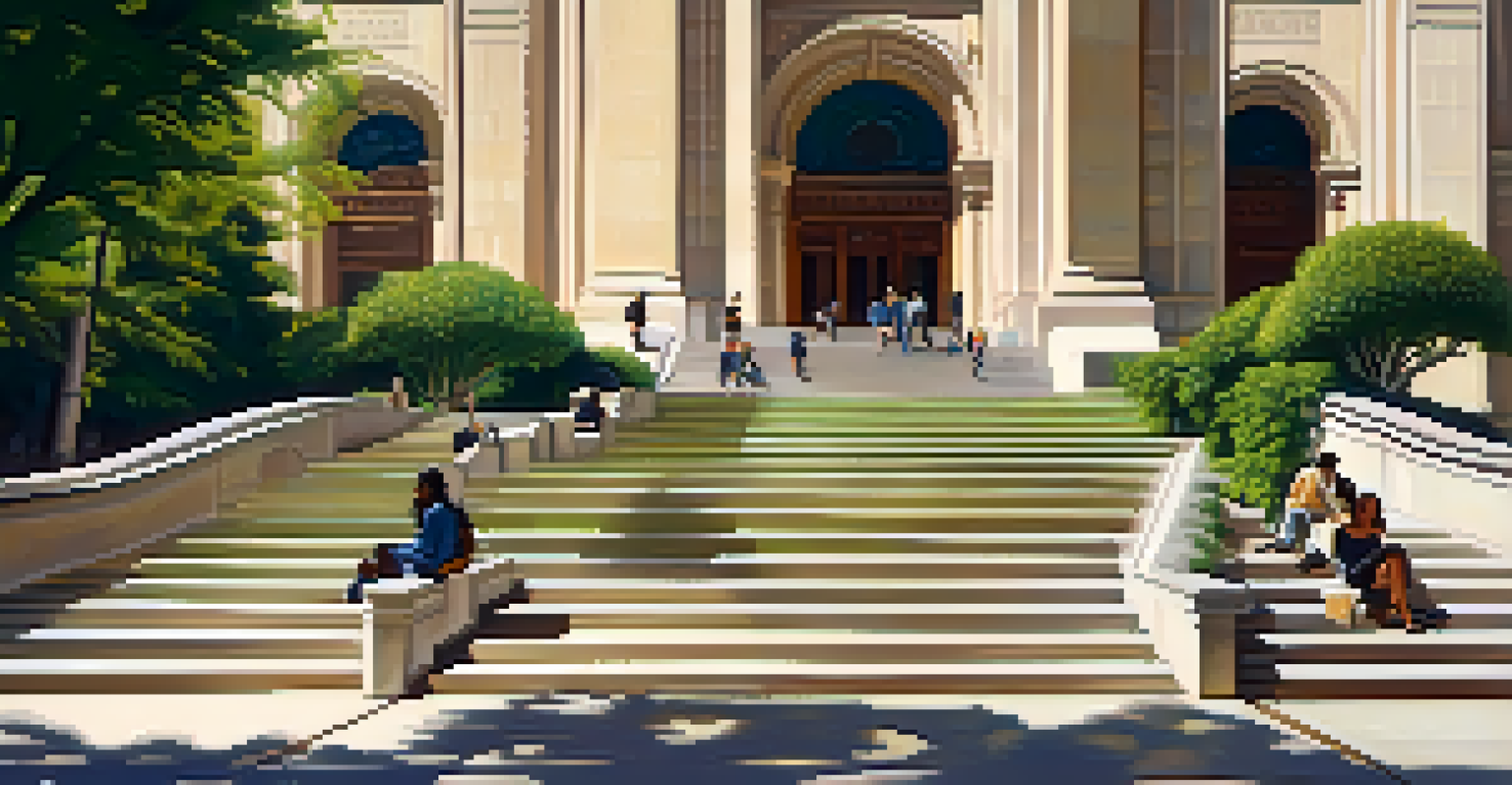 The grand entrance of the Los Angeles Public Library, showcasing its architecture and surrounding greenery, with people reading on benches.