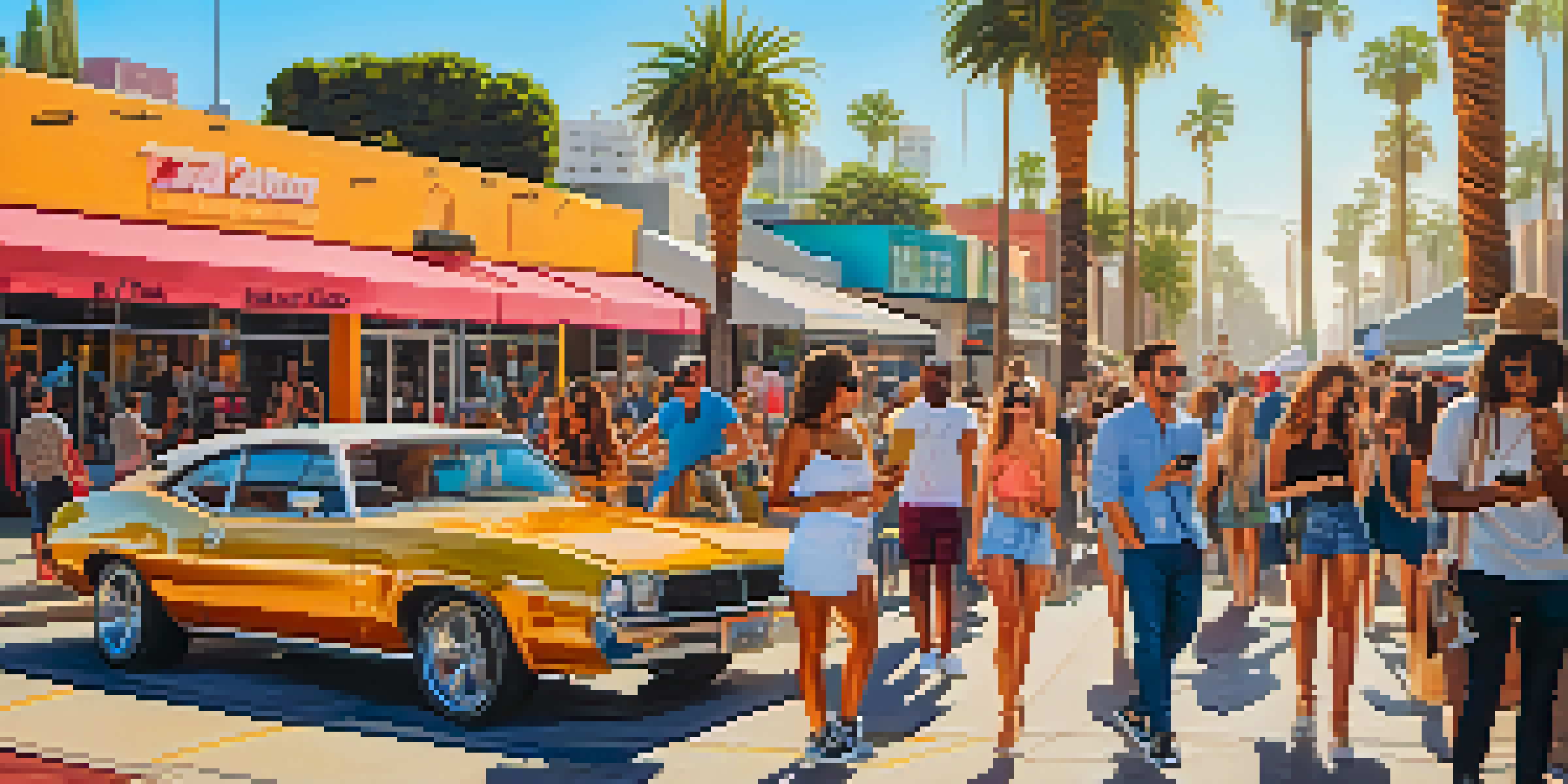 A lively street scene in Los Angeles with influencers interacting with followers, surrounded by palm trees and colorful murals.