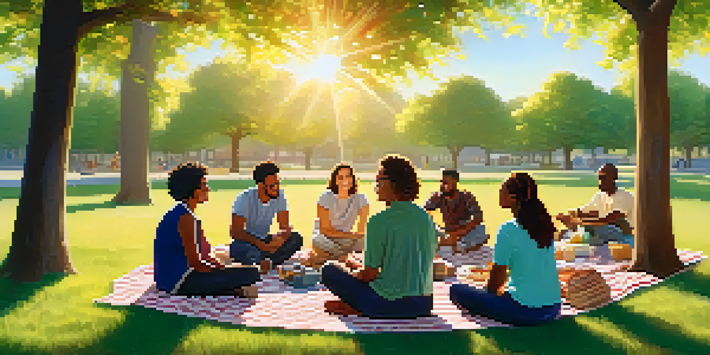 A diverse group of people sitting in a circle in a park, engaged in a peer support group discussion, with warm sunlight filtering through the trees.