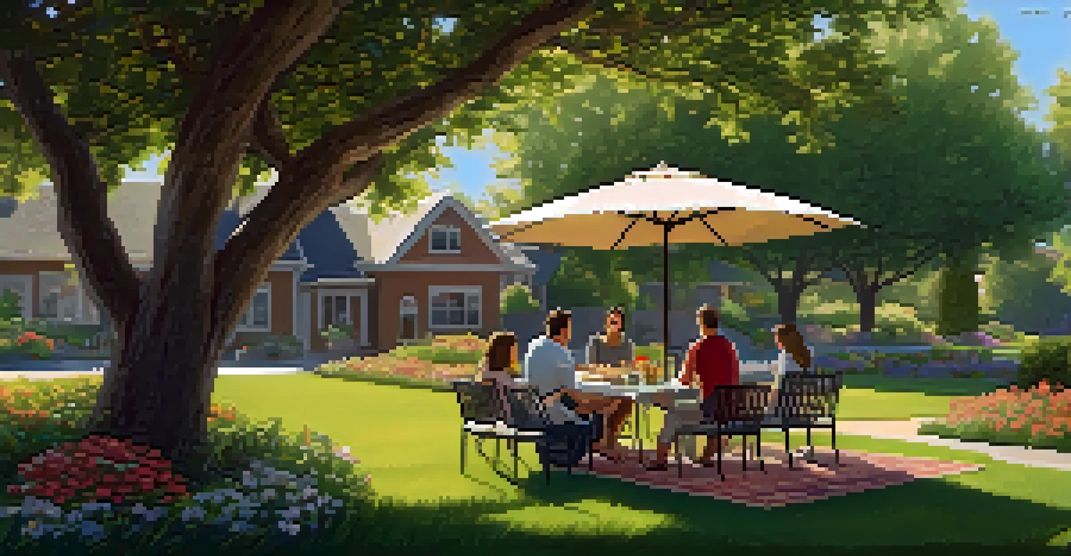 A tranquil garden with a picnic setup, a laptop on a table, and vibrant flowers.