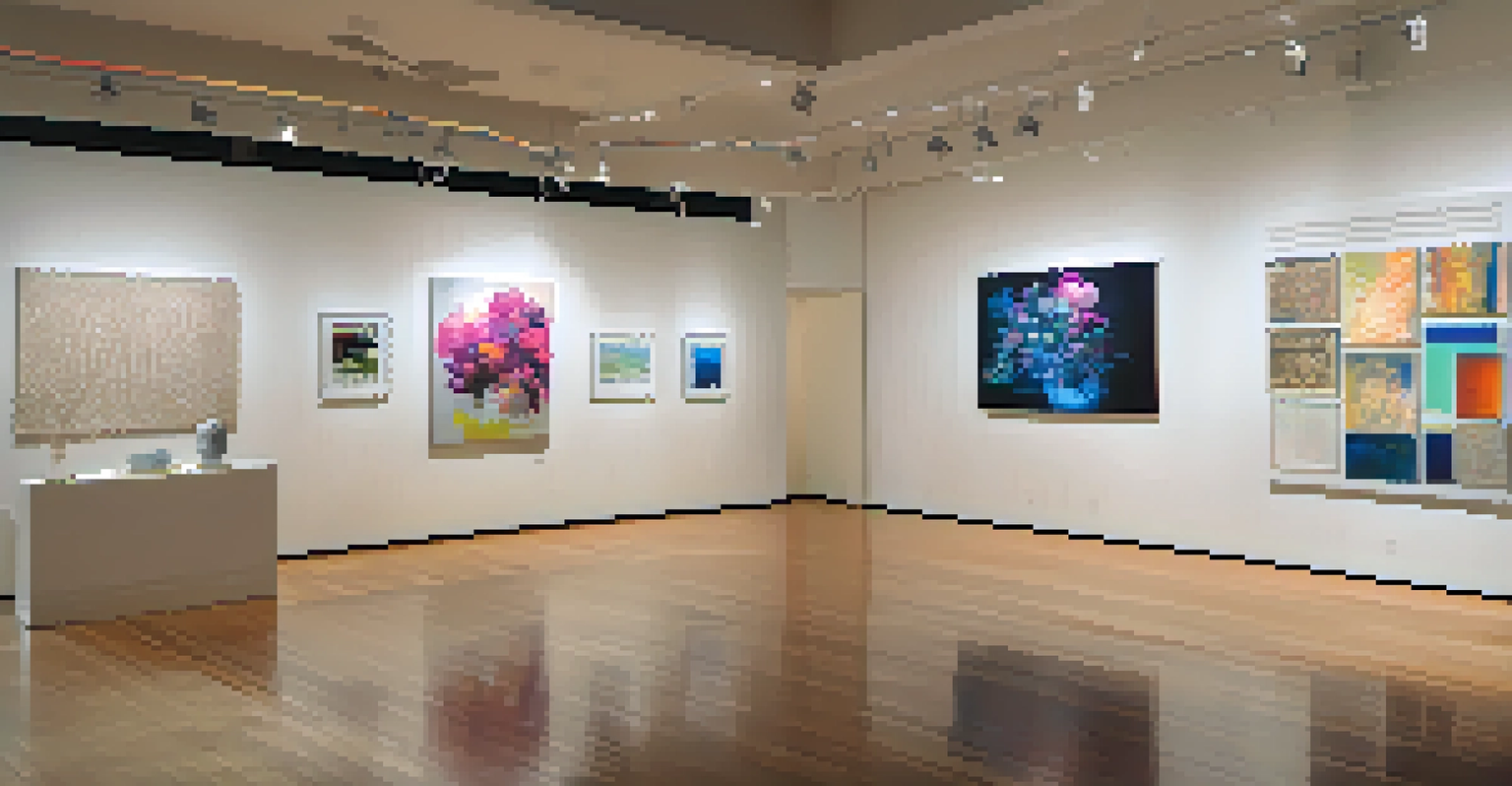 An inviting gallery space filled with contemporary art pieces, with warm lighting and visitors thoughtfully engaging with the artworks.