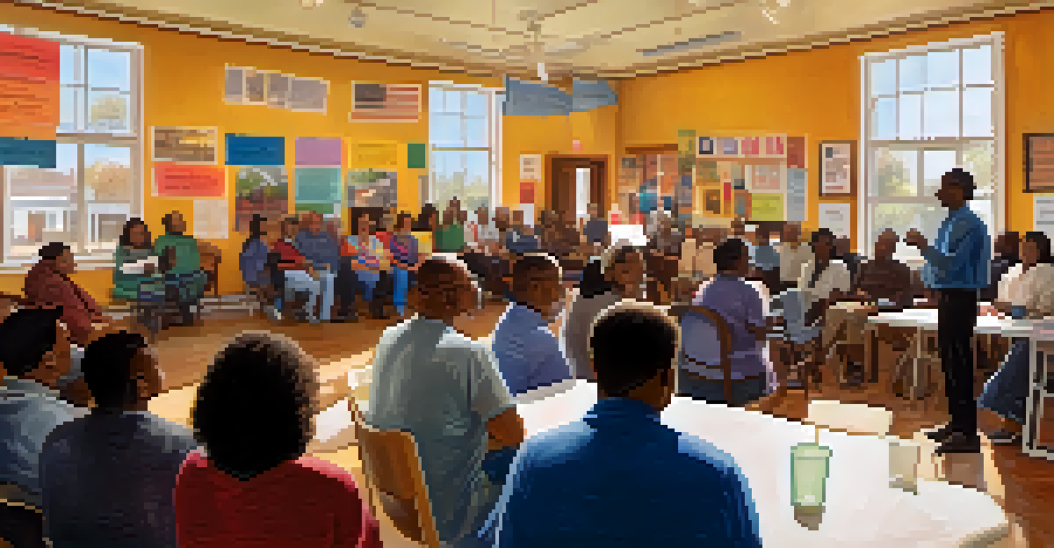 A community meeting in a local center with diverse residents discussing neighborhood changes, surrounded by banners for affordable housing and community rights.