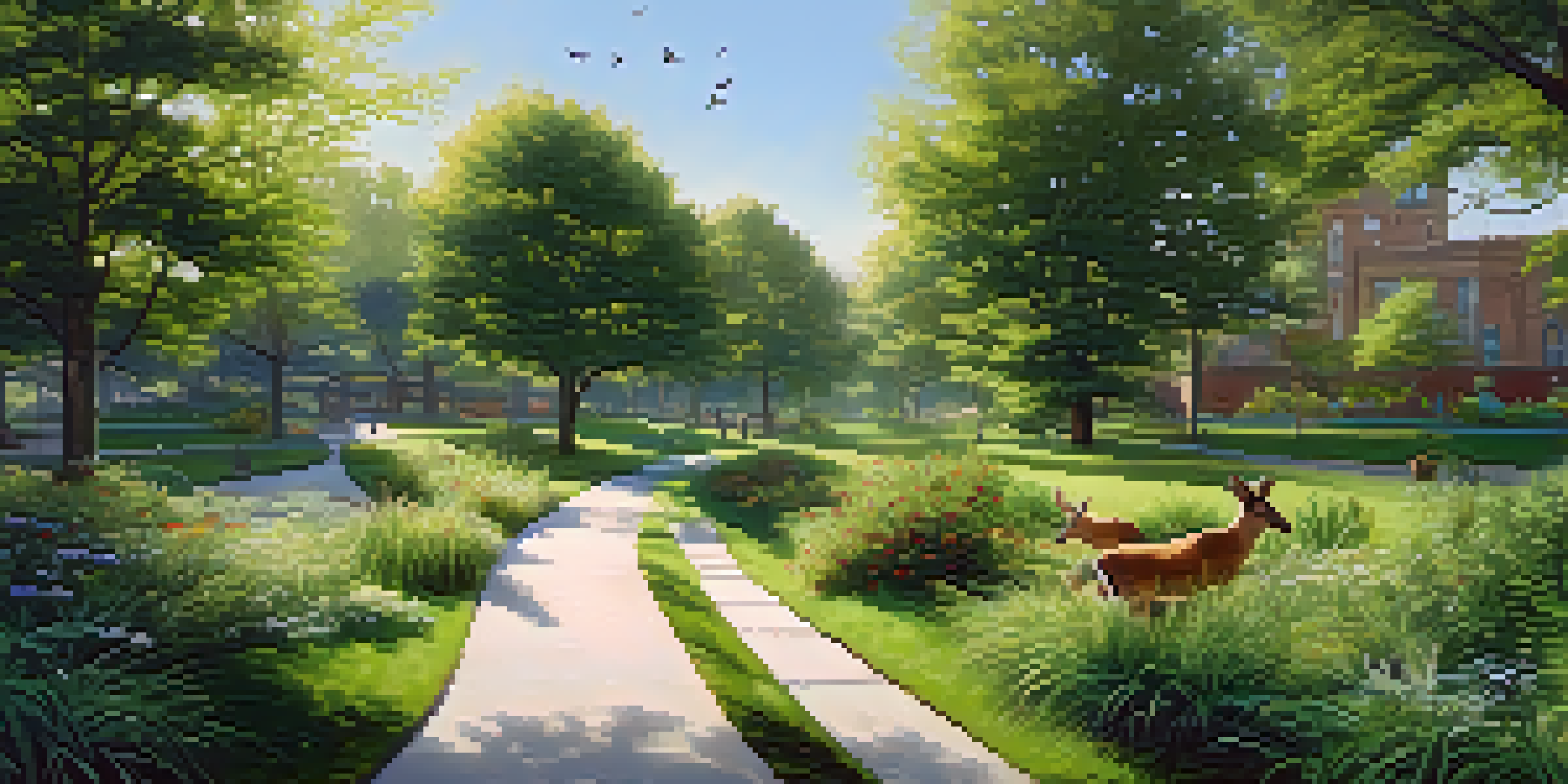 A peaceful urban wildlife corridor with deer grazing and birds flying in a green park surrounded by city buildings.